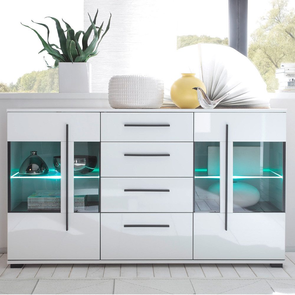 Lomadox Sideboard COLORADO-61, weiß Hochglanz und teilweise Glastüren Grauglas 150x86x42cm