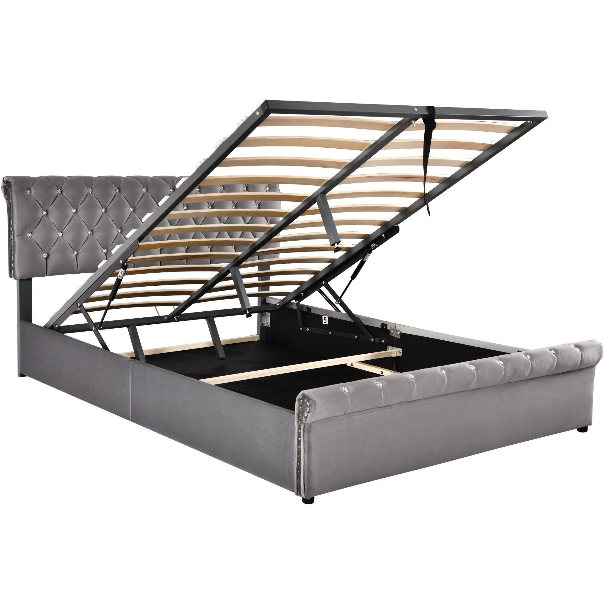 Boxspringbett (Doppelbett 140 x 200 cm, Polsterbett mit kristall schnalle, Lattenrost und Bettkasten), Hydraulisches Bett Funktionsbett mit höhenverstellbar Kopfteil, Samt