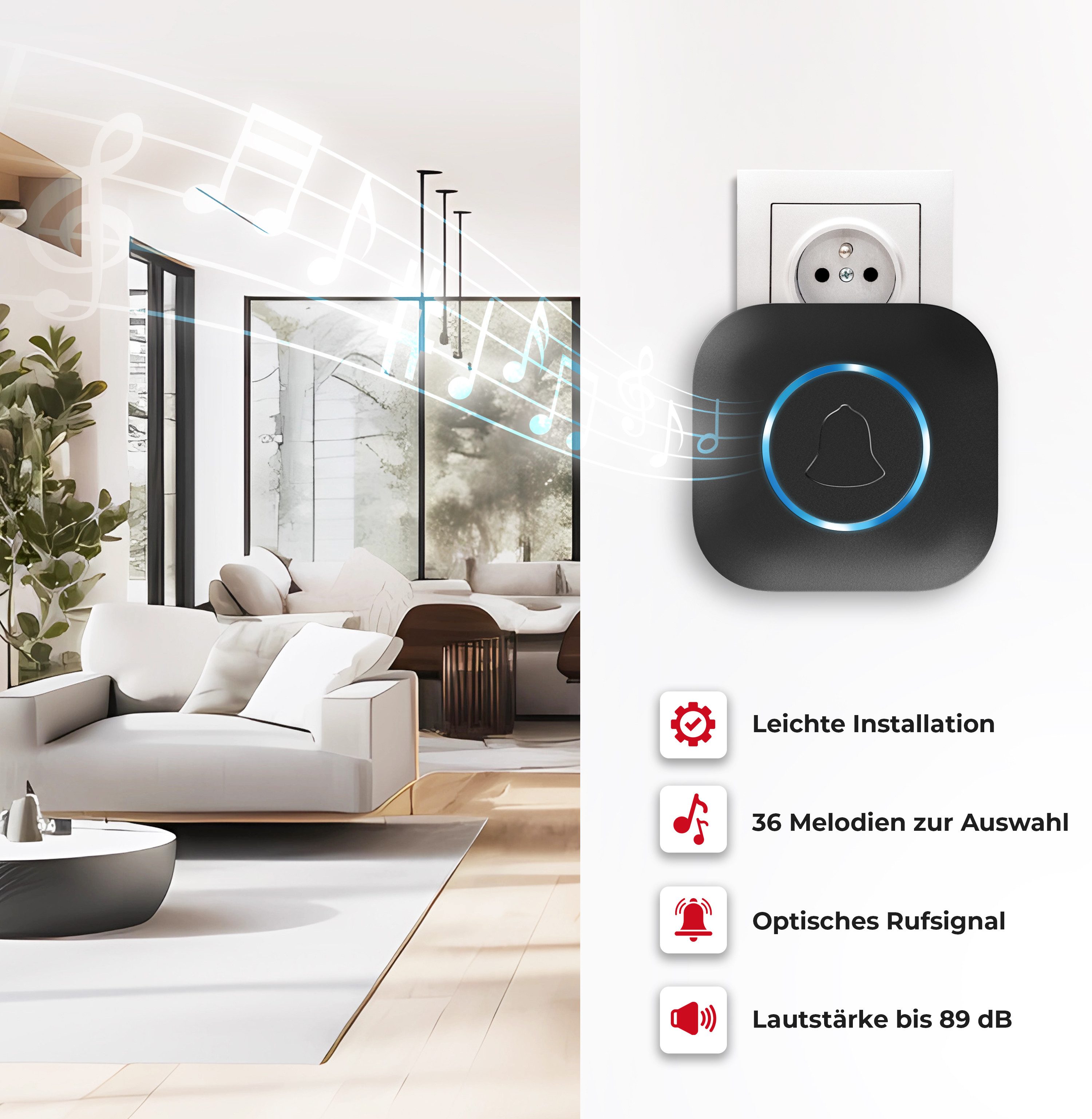 Heidemann Steckdosen-Türgong Heidemann Funkgong-Set Blackline, 437, schwarz (Vorteilsset 2-tlg) LED-Signal, versch.Lautstärkestufen, 36 Melodien, hohe Reichweite