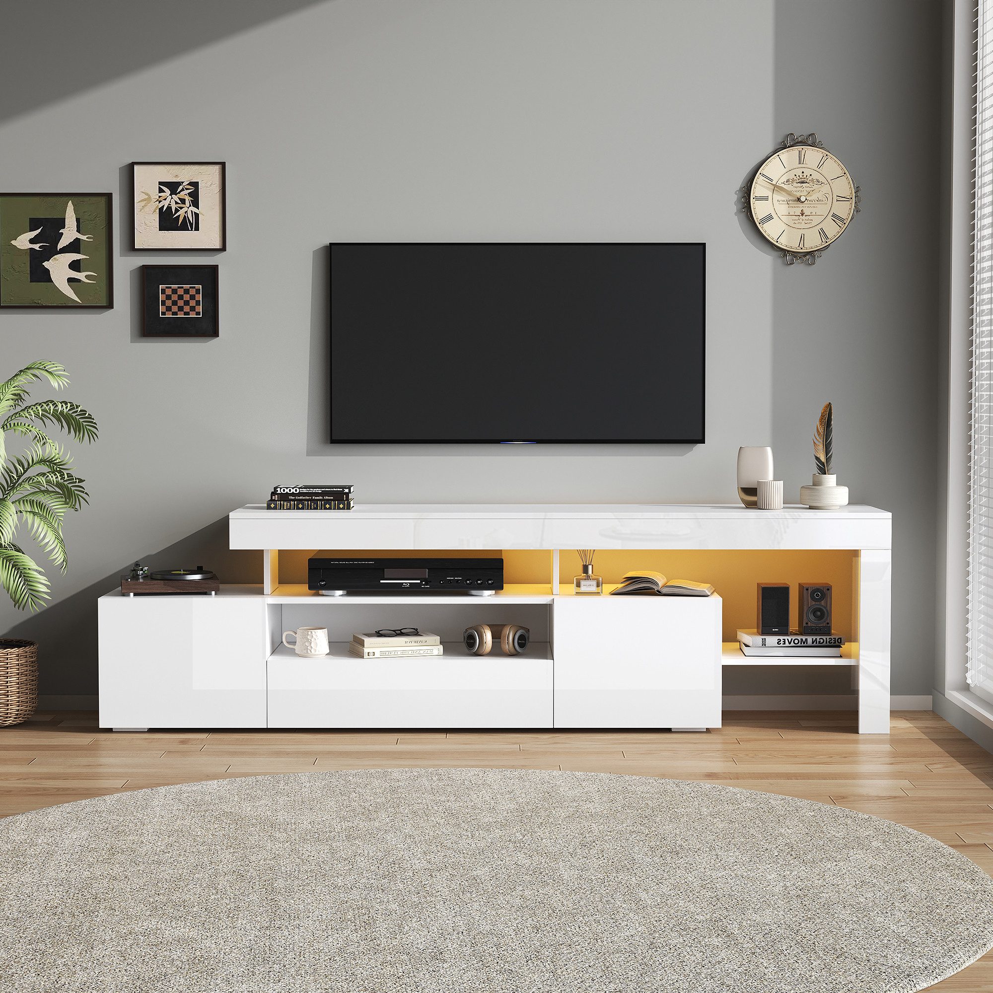 MODFU TV-Schrank Lowboard (Fernsehschrank, Fernsehtisch, Kommode, 1-St., mit 3 Schränke) mit LED, für Fernseher um 85 Zoll