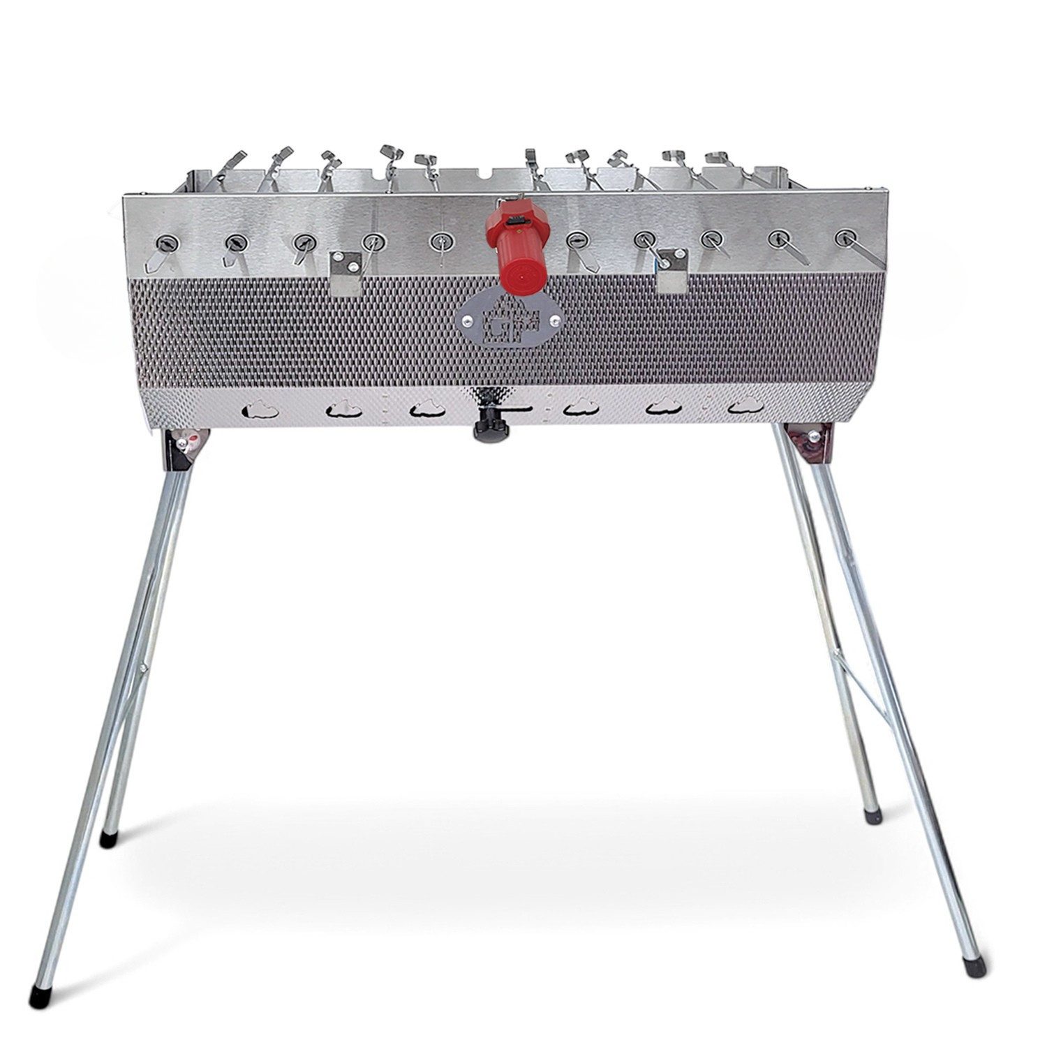 Grillpeter Holzkohlegrill Mangal Set Taschkent Schaschlikgrill mit 11er Drehspieß Spieße Motor