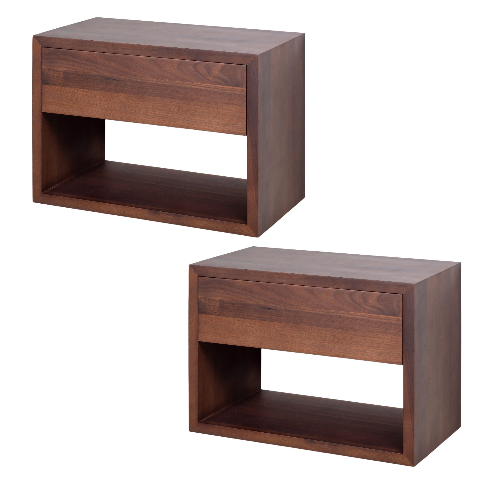 Woodek Design Nachttisch 2er-Set Wand-Nachttisch Hugo aus massivem Nussbaum – matt lackiert (Schublade mit Metallschienen, 1-St., breiter und griffloser Nachtschrank), Skandinavische Nachtkommode in modernem Design