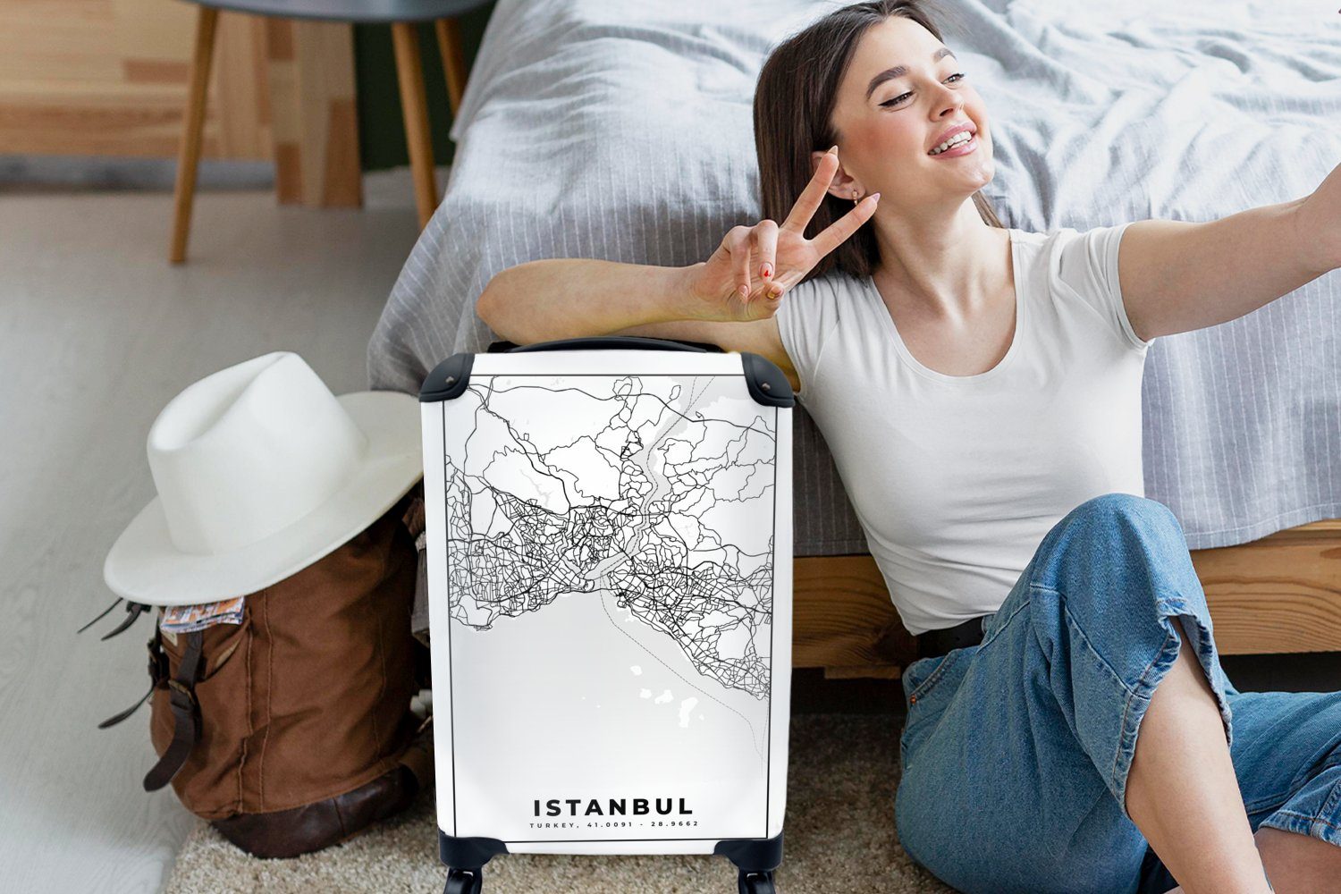 Karte Karte, für Schwarz-weiß Ferien, Handgepäckkoffer Istanbul Stadtplan rollen, - Reisetasche MuchoWow - Trolley, mit - - 4 Handgepäck Rollen, Reisekoffer