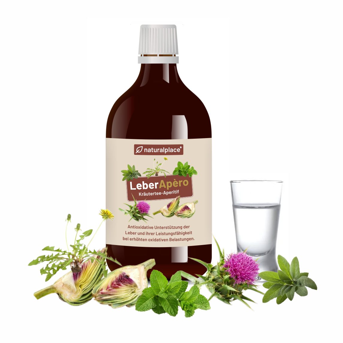 naturalplace® LeberApèro - Kräutertee Aperitif zur Unterstützung der Lebergesundheit -Tropfen, 500 ml, aus Löwenzahnwurzel, Mariendistel, Artischocken, Salbei, Pfefferminze