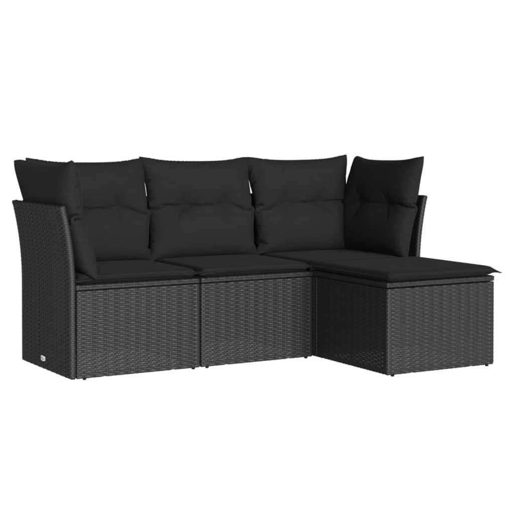 vidaXL Gartenlounge-Set 4-tlg. Garten-Sofagarnitur mit Kissen Schwarz Poly Rattan, (1-tlg)