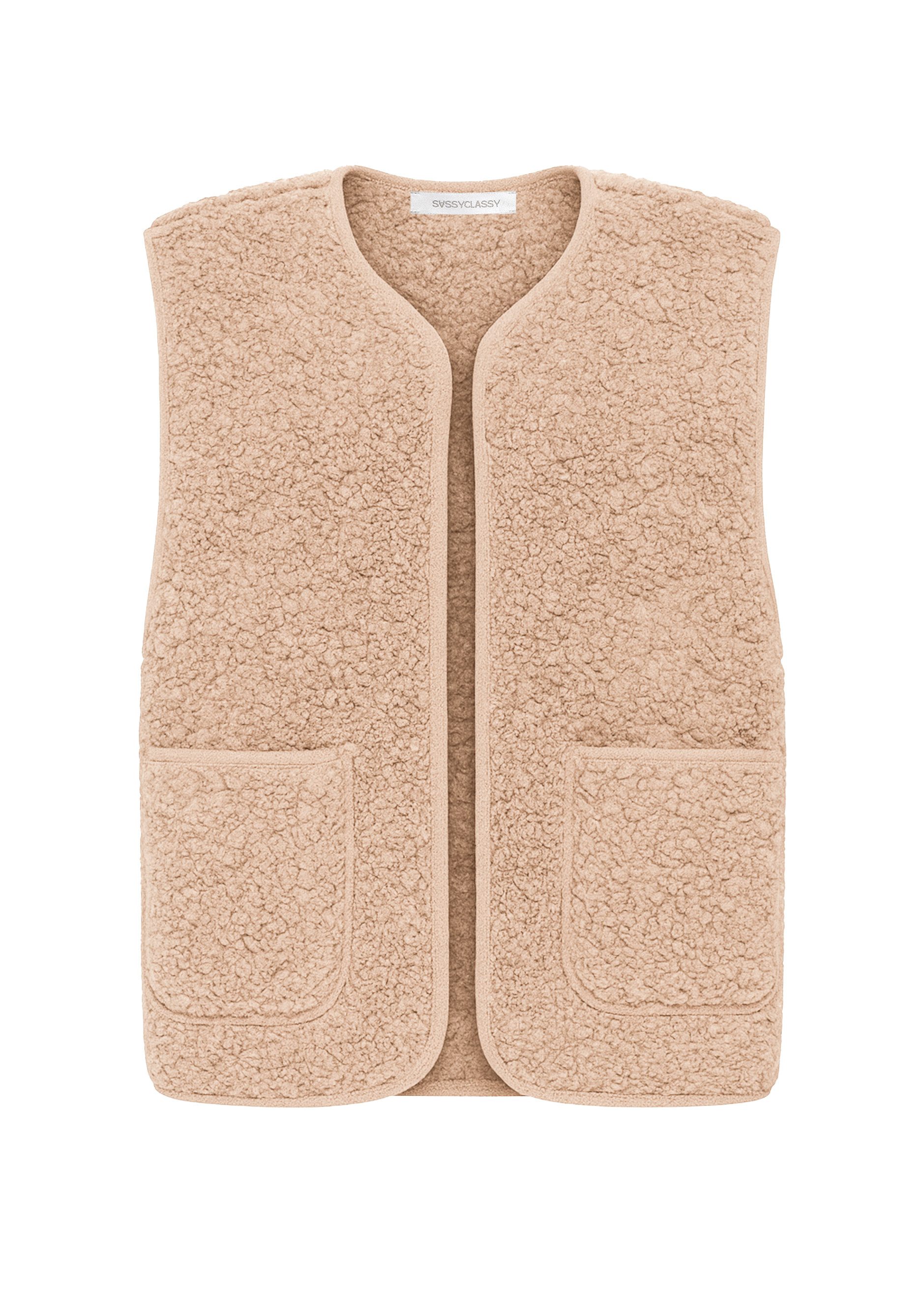 SASSYCLASSY Kurzweste Teddyweste mit Taschen für Damen Kuschelige Weste mit Taschen in lockerer Passform Beige Taupe Schwarz