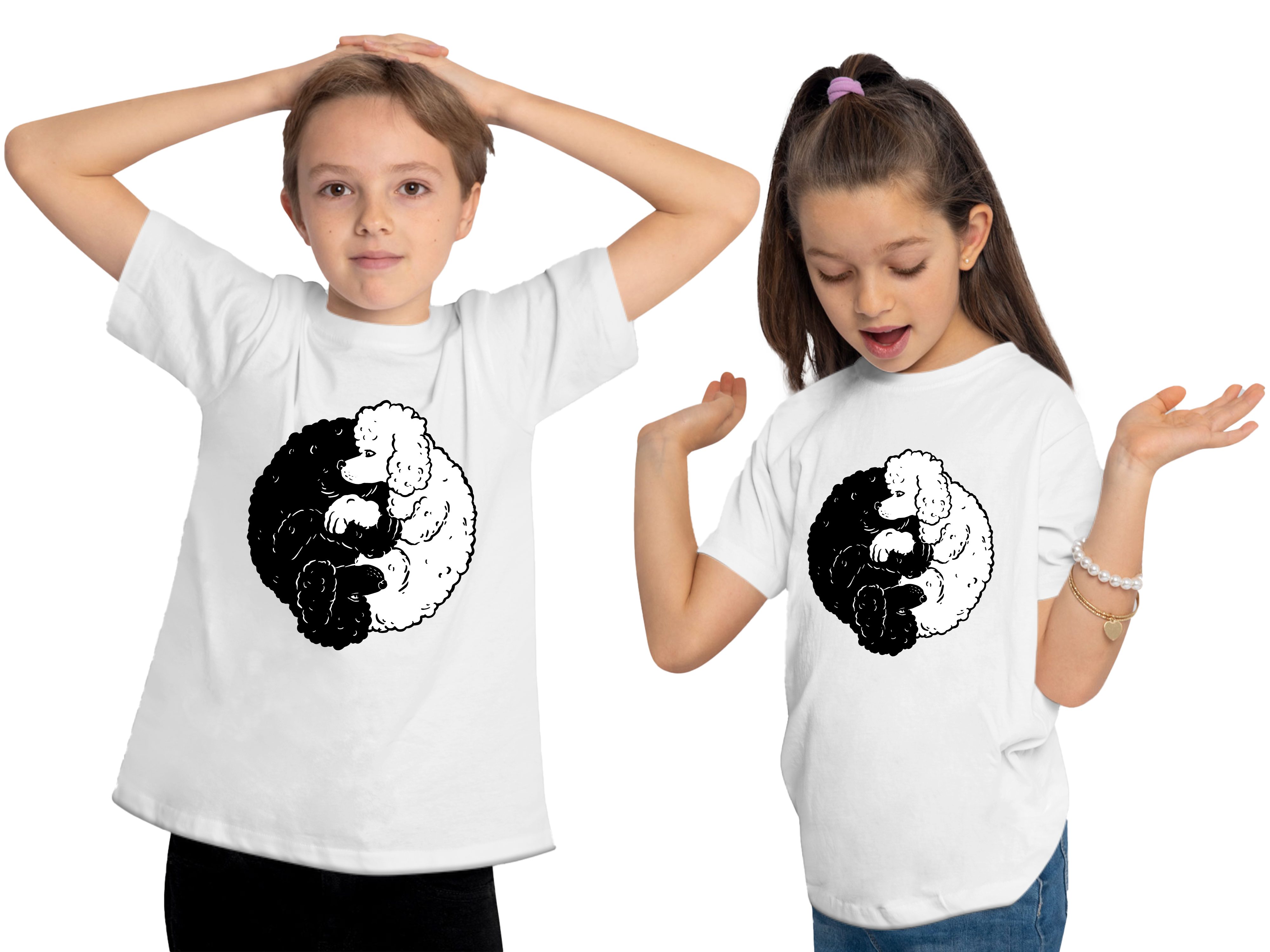 weiss Baumwollshirt Print-Shirt Aufdruck, MyDesign24 T-Shirt Kinder i235 Yin - Pudel Yang bedruckt mit Hunde