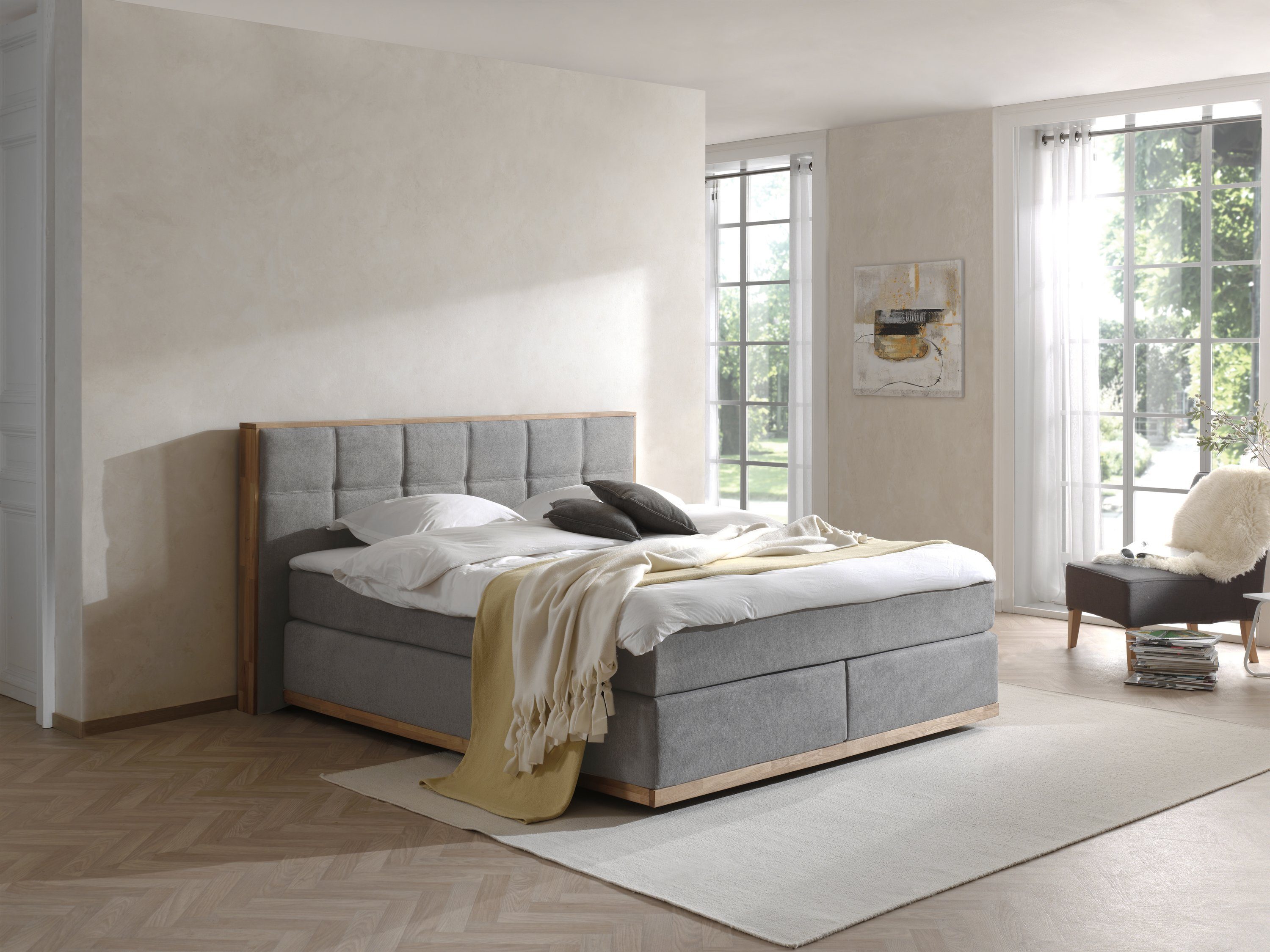 Moebel-Eins Boxspringbett, LEVANTOS Boxspringbett, Mix aus massiver Eiche und Velourgewebe