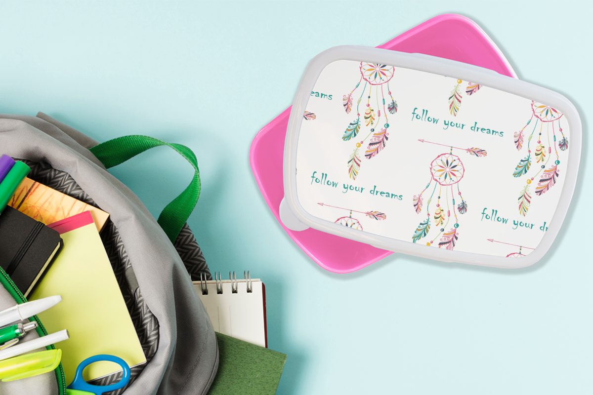 Snackbox, - Traumfänger Brotdose - Mädchen, MuchoWow (2-tlg), Kunststoff Federn Kinder, Brotbox Kunststoff, rosa Träume Lunchbox Erwachsene, - für Regenbogen,