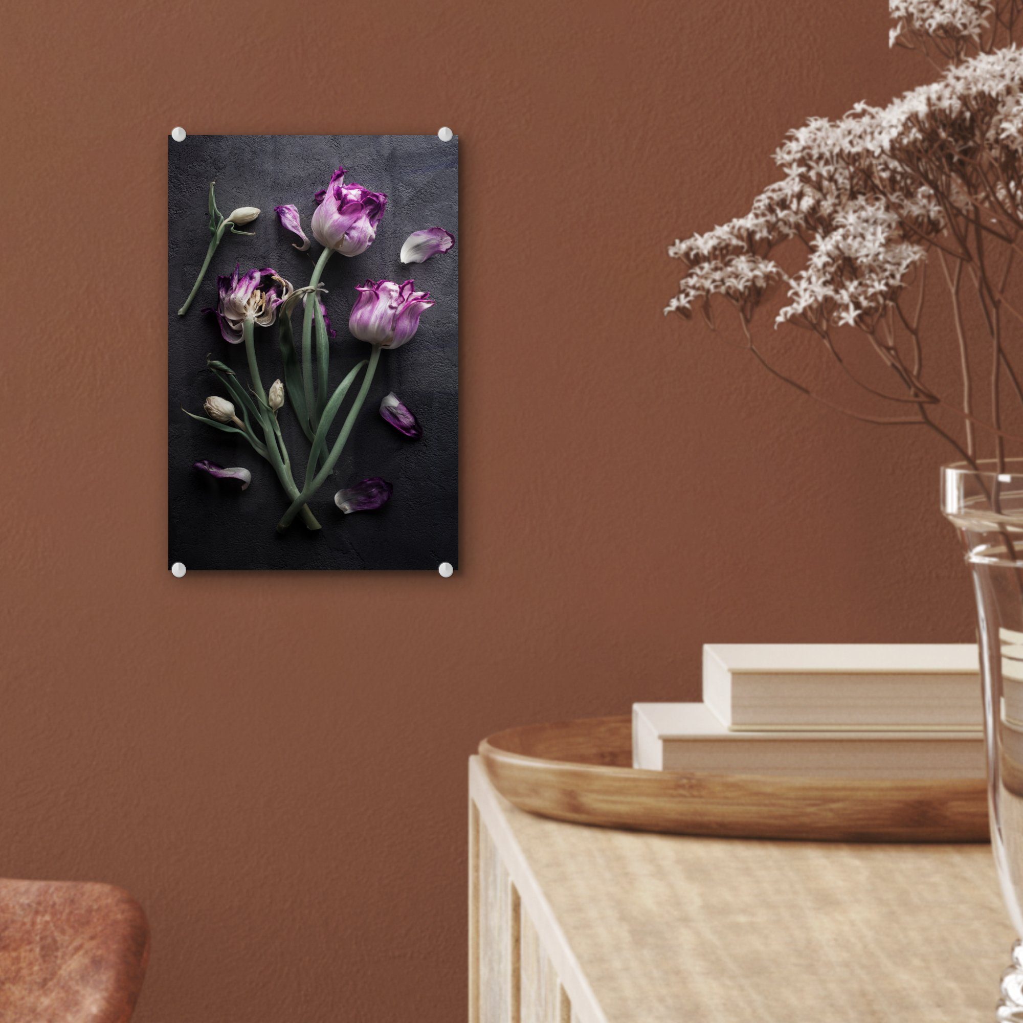 Tulpen Bilder MuchoWow Wanddekoration - Glas (1 auf Acrylglasbild auf - - Blätter, Glas Foto - Lila - Glasbilder Wandbild St),