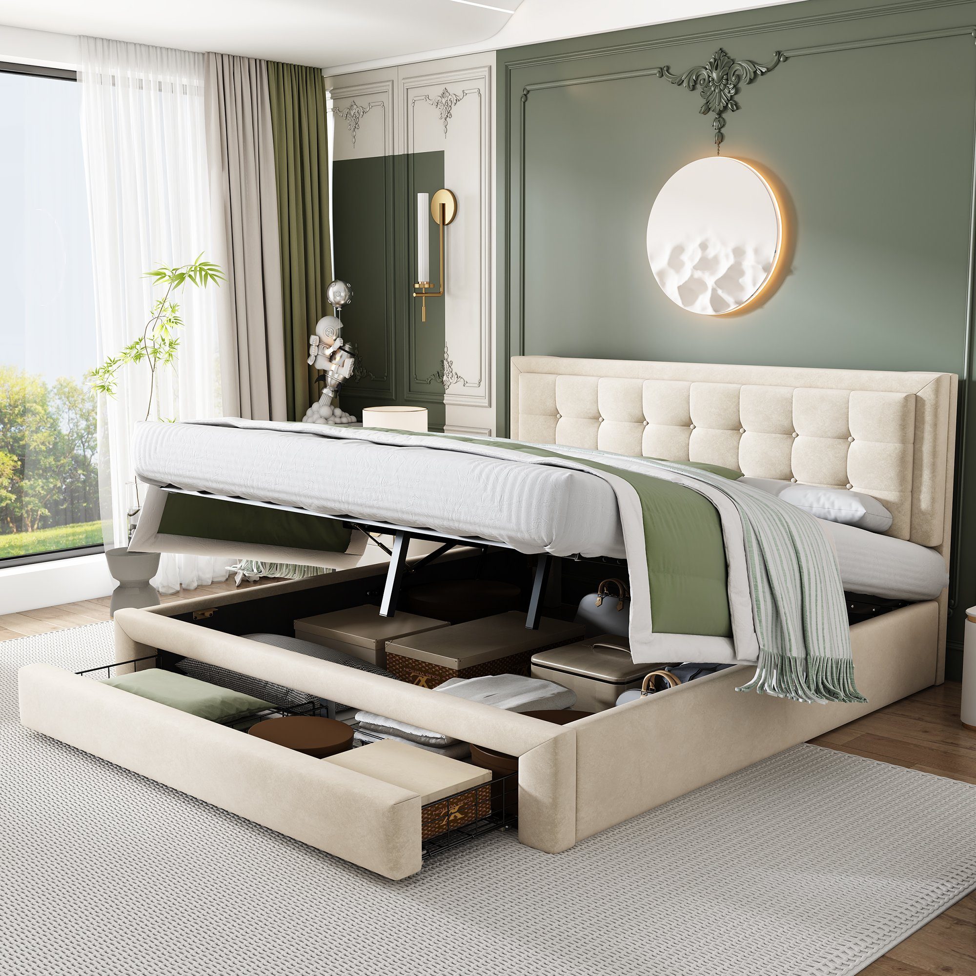 WISHDOR Polsterbett Doppelbett Polsterbett Bett mit Lattenrost (180x200 cm ohne Matratze, großer Stauraum), mit Kasten und Schubladen, Samtstoff Weiß