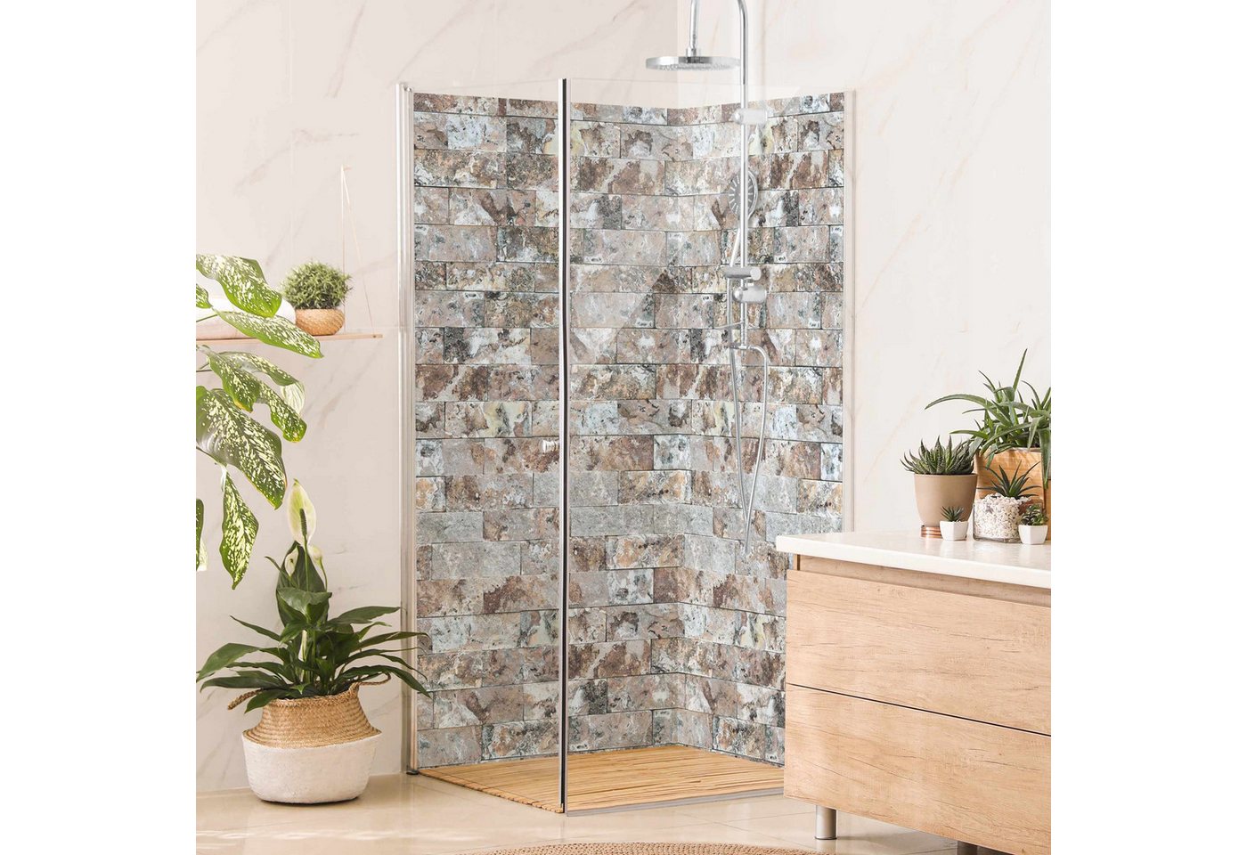 Thumbnail - Bilderdepot24 Duschrückwand Marmor beige Badrückwand ohne Bohren Dusche Steinoptik, (2-tlg., 0,61 mm starke Folie selbst...
