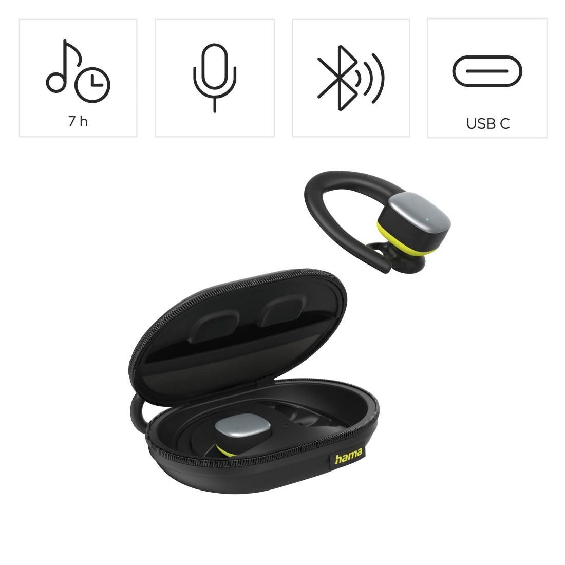 Hama Wireless Bluetooth Headset, In-Ear Bluetooth Kopfhörer für den Sport Sport-Kopfhörer (Freisprechfunktion, Sprachsteuerung, True Wireless, integrierte Steuerung für Anrufe und Musik, Google Assistant, Siri, A2DP Bluetooth, AVRCP Bluetooth, HFP, HSP, SPP, kabellos, mit Bügel und Mikrofon, schweißressistent, Reichweite 10m)