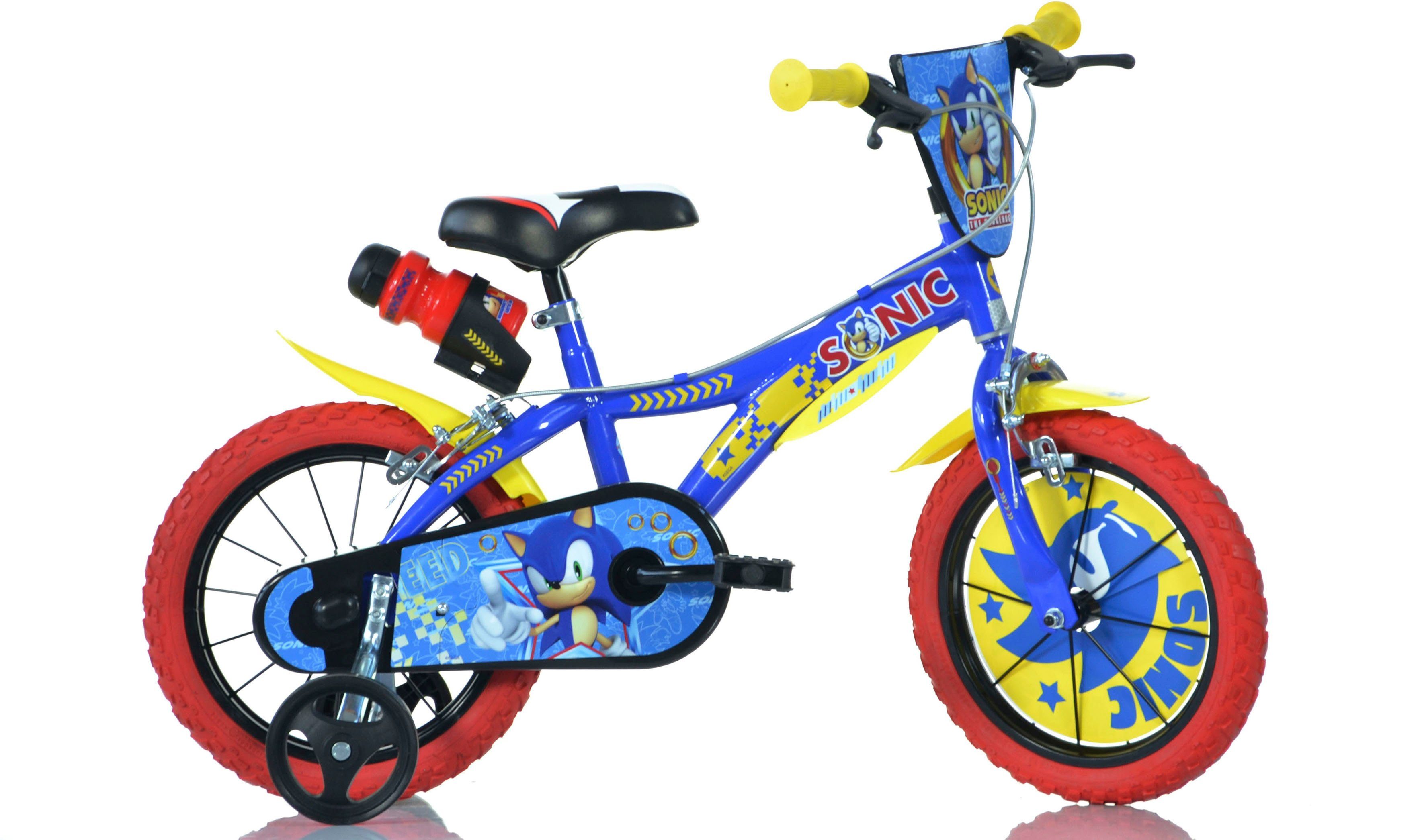 Sonic, Frontschild und Dino Trinkflasche 1 mit Kinderfahrrad Stützrädern, Gang,