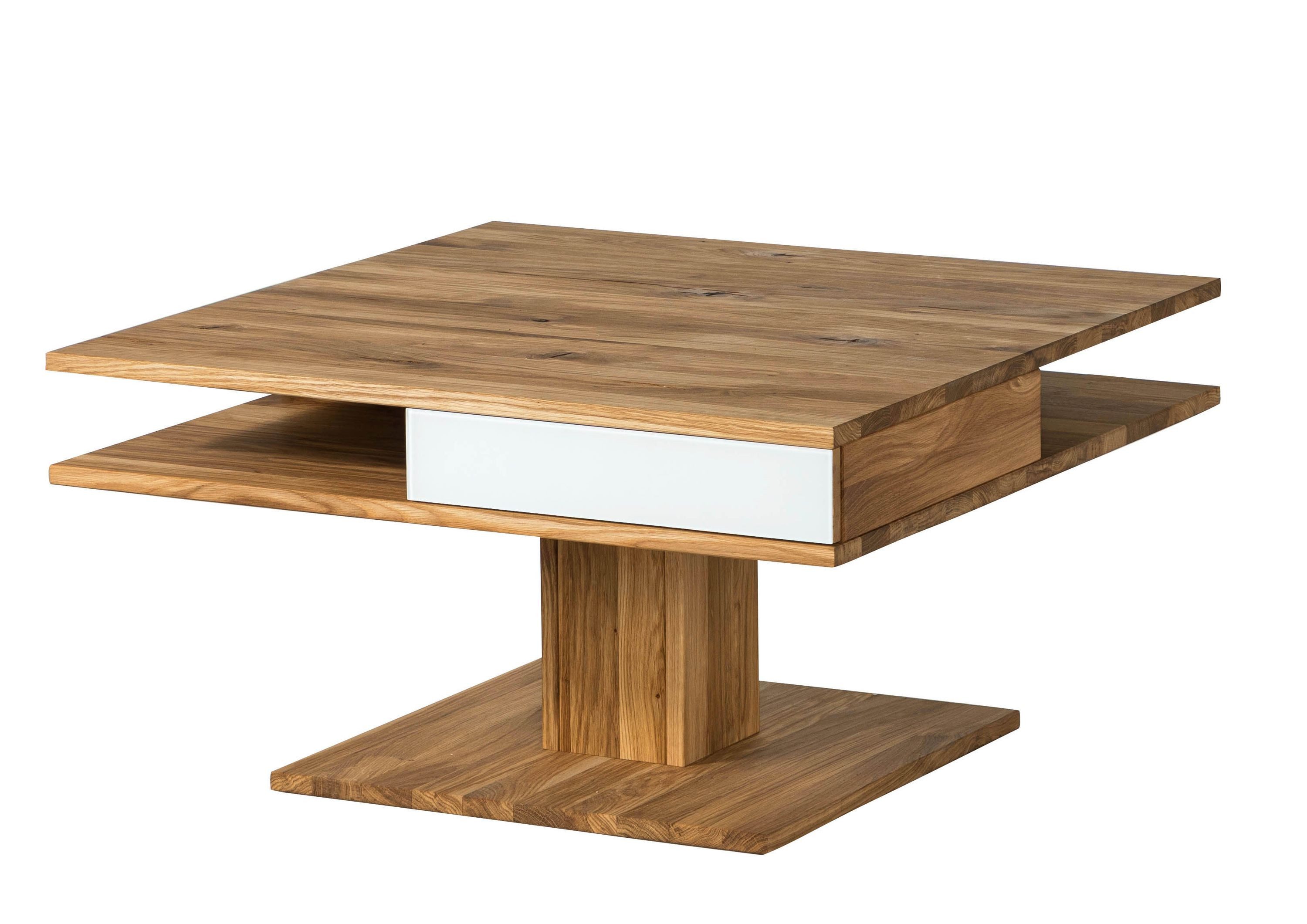 Massivmoebel24 Couchtisch WIEN (Massivholz, Massivholztisch), Wildeiche 85x85x45 natur geölt / Glas weiß WIEN #100