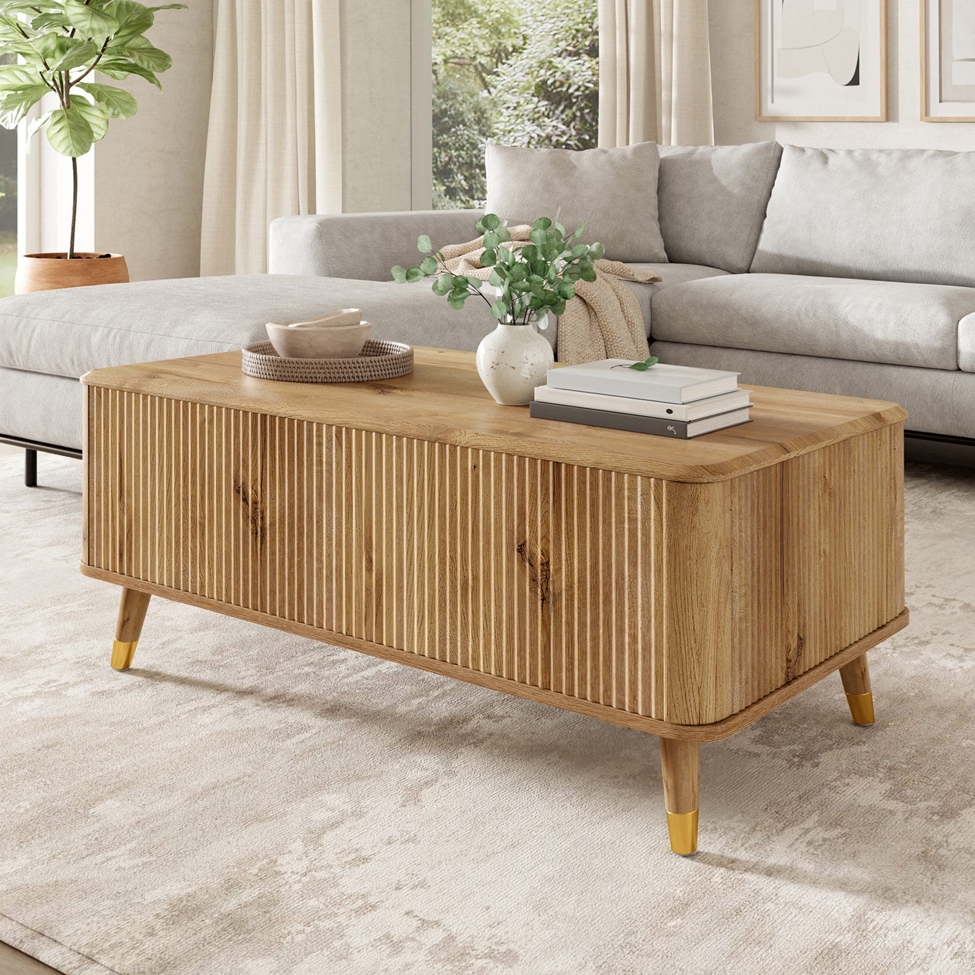 Merax Couchtisch höhenverstellbar Sofatisch Retro Beistelltisch (1-St), Wohnzimmertisch mit Stauraum und Holzbeinen, 97x52x56,5 cm