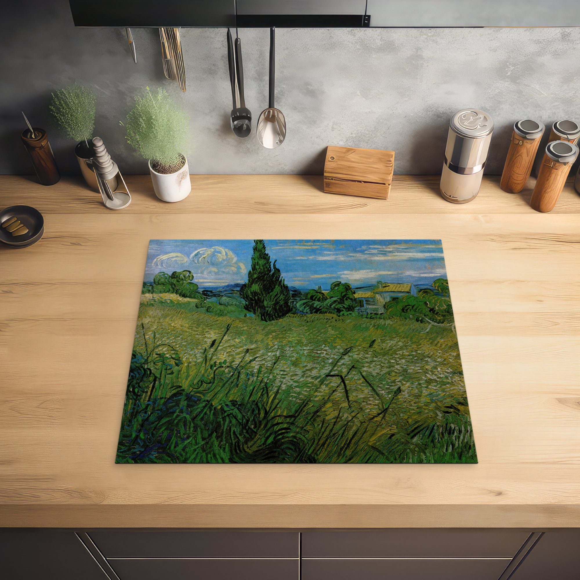 Grünes Zypressen Induktionsmatte Vincent für - (1 küche, mit Vinyl, van die MuchoWow tlg), Kornfeld Gogh, Ceranfeldabdeckung cm, Herdblende-/Abdeckplatte 59x52