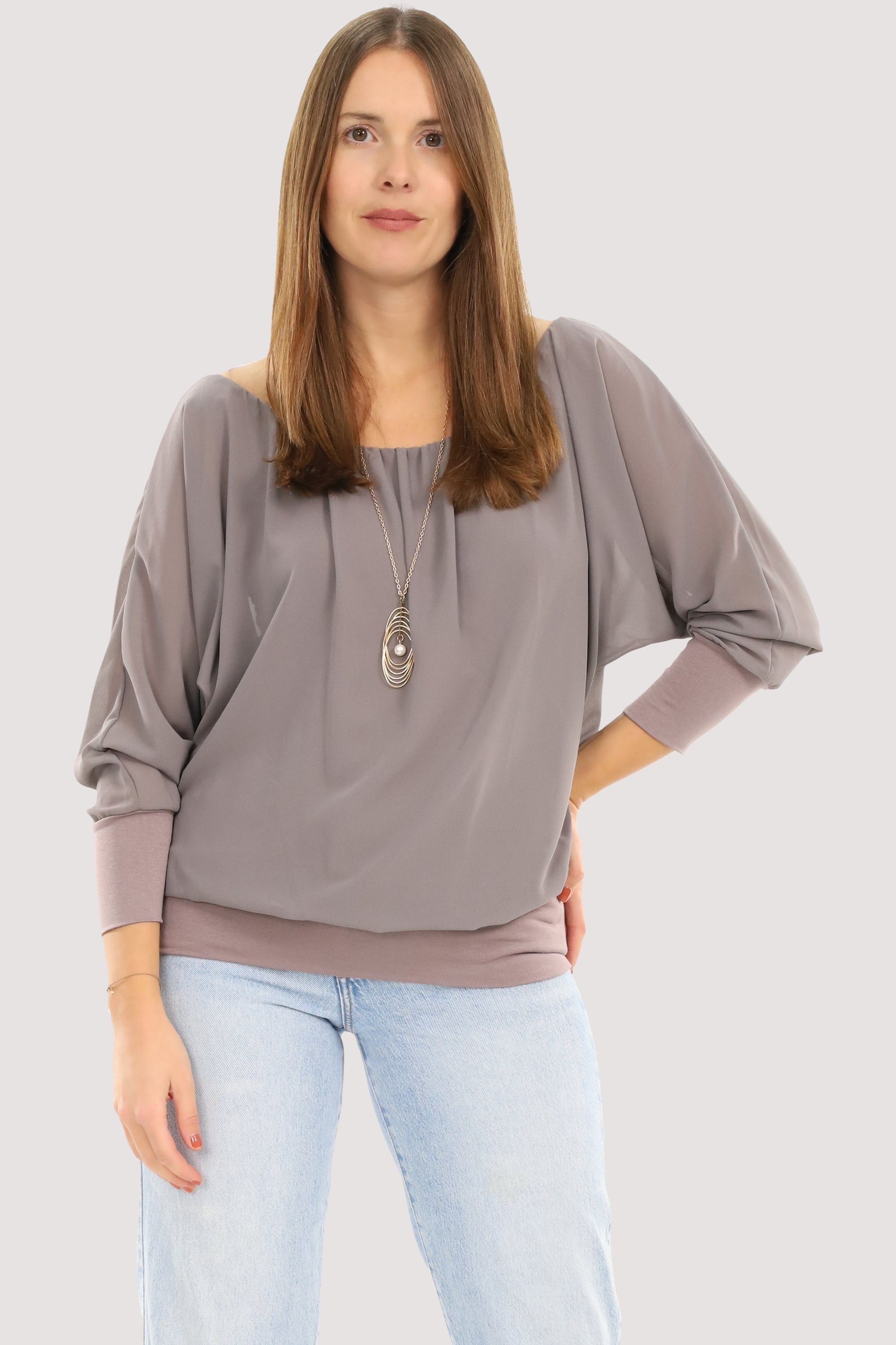 malito more than fashion Chiffonbluse fango Einheitsgröße Fledermausärmeln Bluse 1133 mit