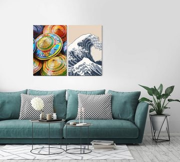 Sinus Art Leinwandbild 2 Bilder je 60x90cm Wellen Kanagawa Asiatisch Japan Sonnenschirme Katsushika Bunt