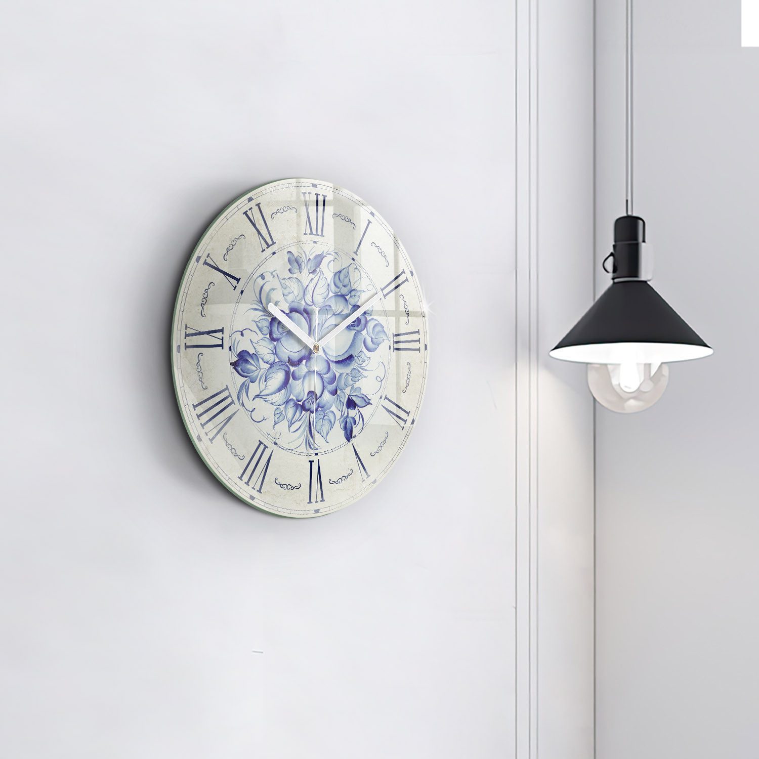 Tulup Wanduhr Glas Wanduhr Mit Motiv Blaue Blumen Wanduhr Aus Glas Glas Wanduhr