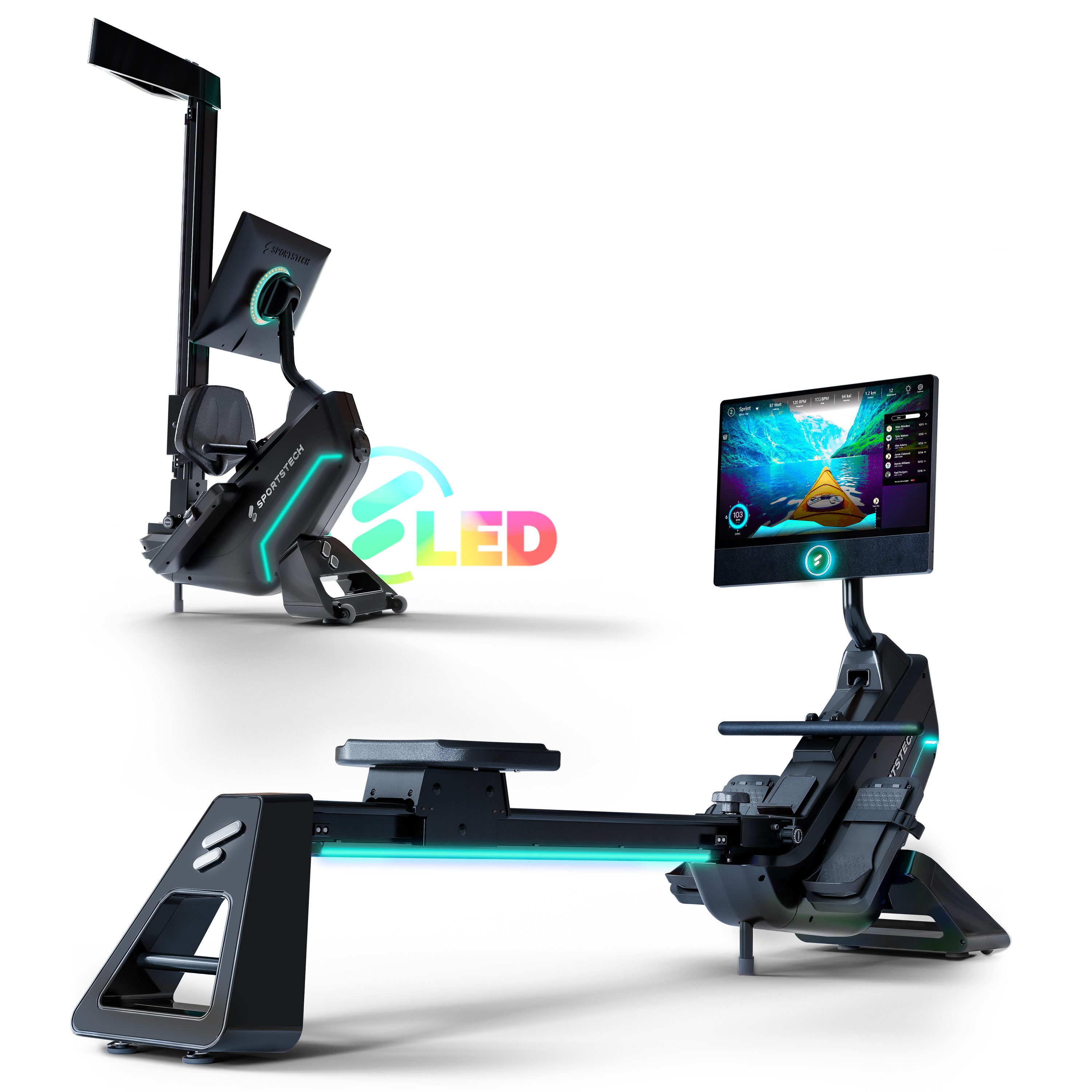 Sportstech Rudergerät sRow, 21,5" Touch-Display, LED-Feedback, Kurse