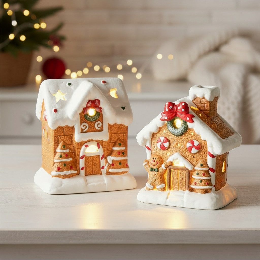 BOLTZE Weihnachtsdorf Dekoaufsteller Ginger 2er Set Lebkuchenhaus Mit LED Handbemalt