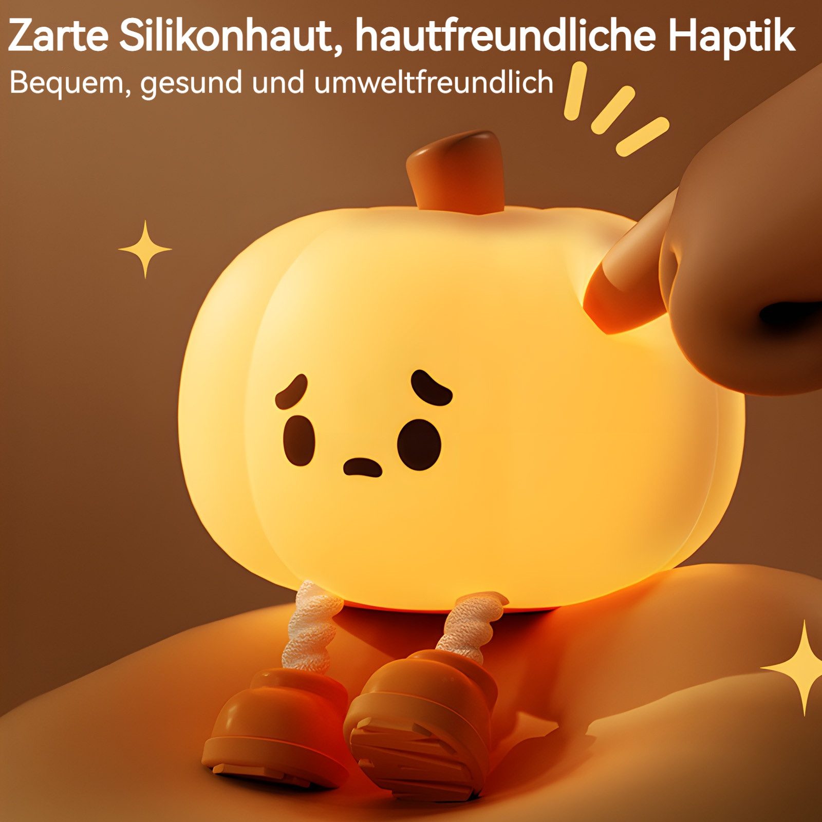 BlingBin Nachtlicht Kürbis Lampe, Touch Kinderbett Nachtlicht aus Silikon, Nachttischlampe, 3-stufig dimmbare Helligkeit, LED fest integriert, Warmes Licht, Weihnachten Deko Night Light, Aufladbar Nachtlampe Handyhalter
