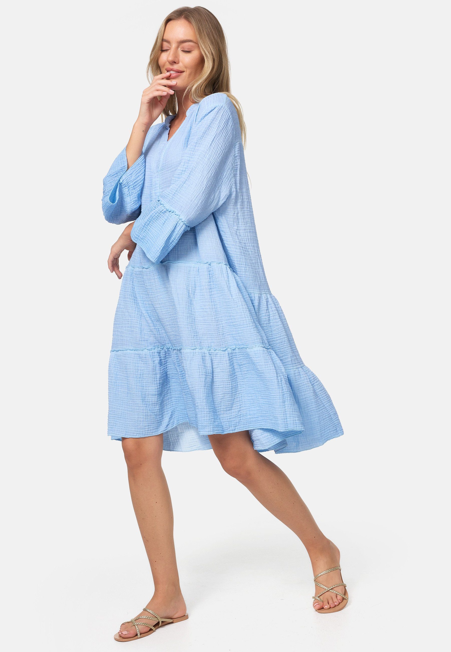 Rayshyne Sommerkleid PM39 (Leichtes Sommer Minikleid aus Musselin mit Rüschen) Musselin, Baumwolle, Rüschen, 3/4 Ärmel, Oversize