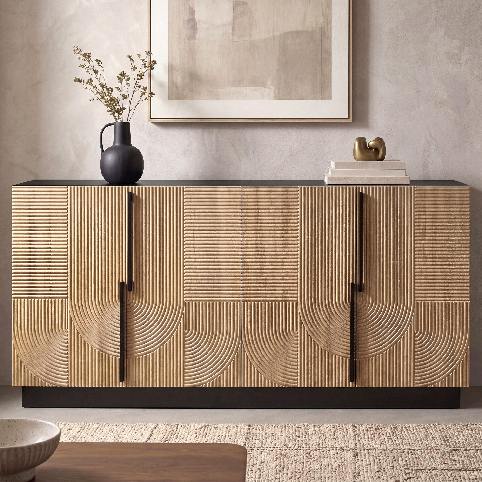 Merax Sideboard mit Relieffront, Wohnzimmerschrank Flurschrank Esszimmerschrank (1 St), Kommode mit 4 Türen, Metallgriffe & Stauraum, 160x42x76cm
