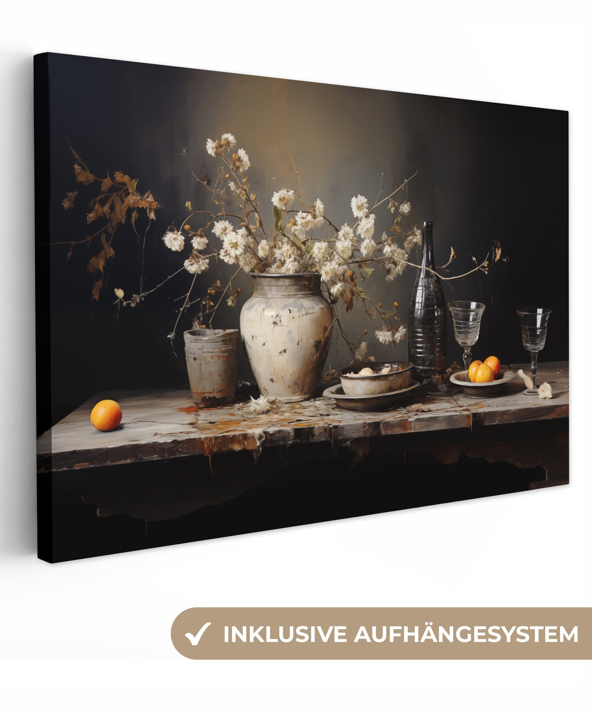 OneMillionCanvasses® Leinwandbild Stilleben - Blumen - Blumenstrauß - Vase - Wein, Fotodruck (1 St), Leinwand Зображення Klein, Wand Dekoration Aesthetic 30x20 cm