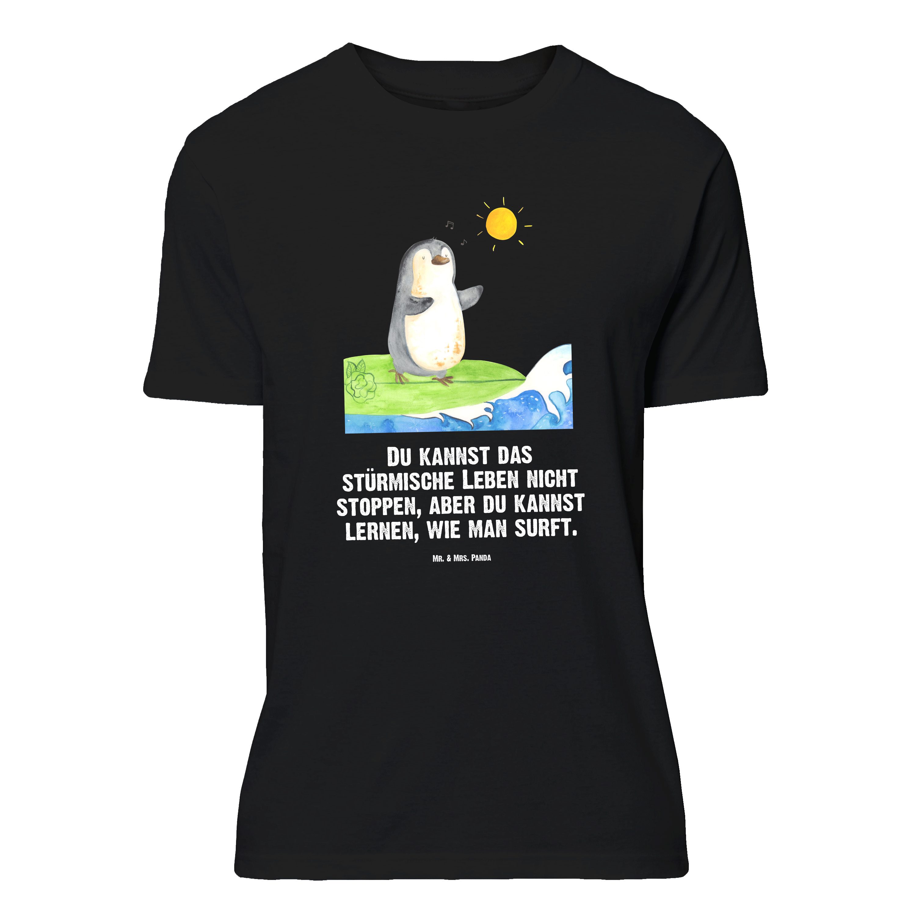 Mr. & Mrs. Panda T-Shirt Pinguin Surfer, Größe M T-Shirt, Schwarz, T-Shirt, Wellen Reiten, Shi (Packung) T-Shirt Herren Lebensweisheit