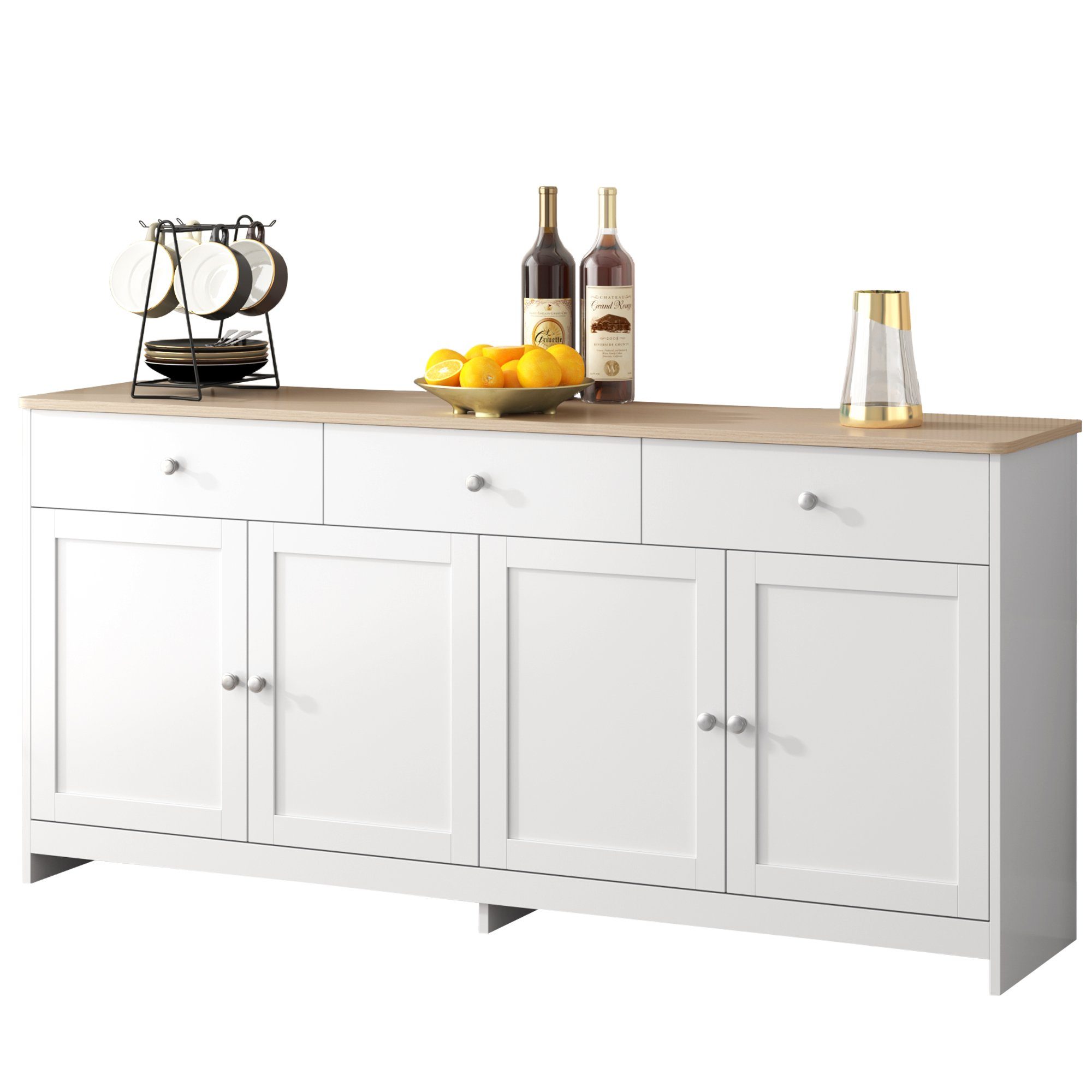 Merax Kommode Aufbewahrungsschrank mit drei Schubladen und vier Klappen, Sideboard im Landhausstil,Anrichte,Wohnzimmerschrank,B:160cm – Bild 5 von 5