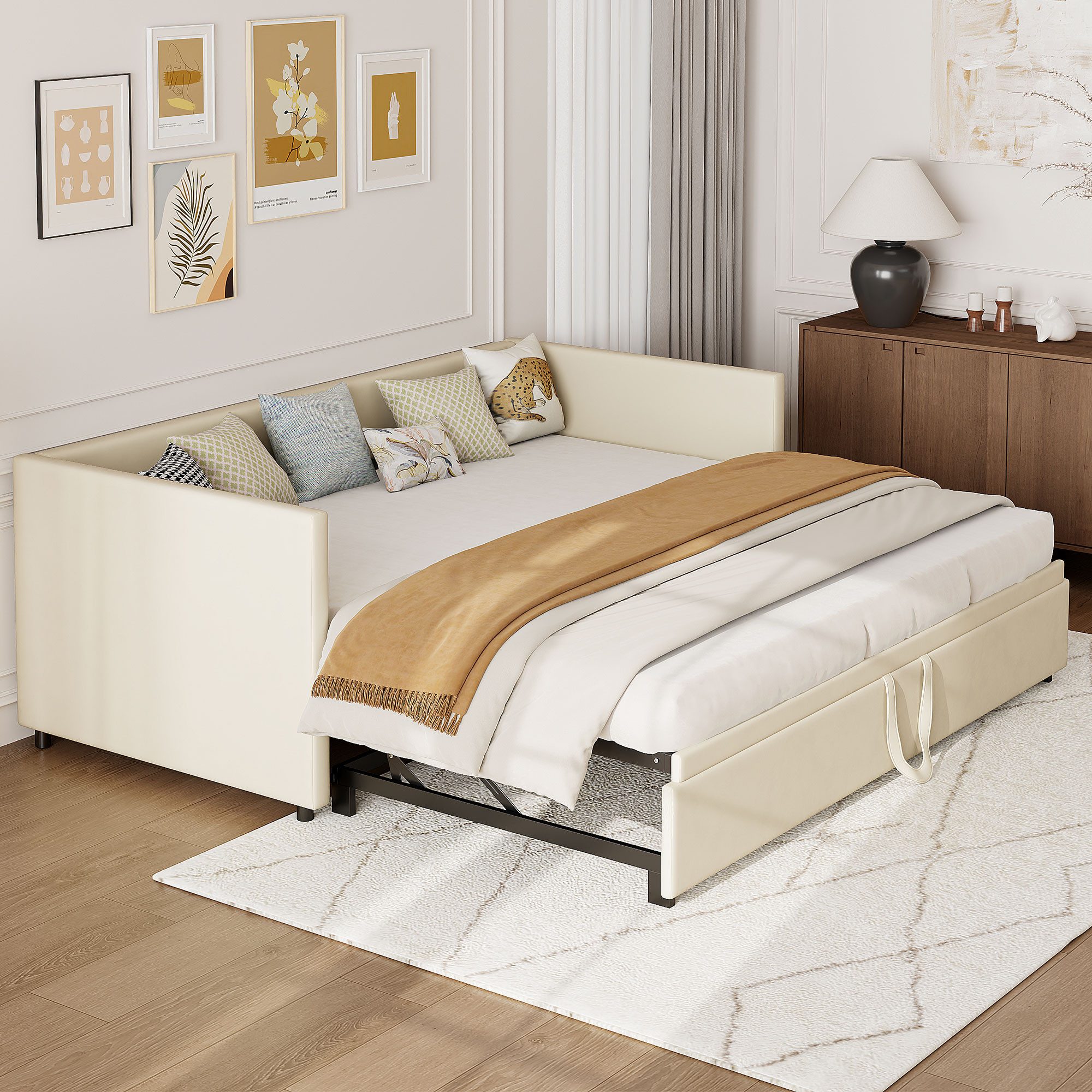 zebery Schlafsofa Polsterbett Daybett 90/180x200 cm Tagesbett, Set 1 Teile, Ausziehbares Bettgestell,Samtstoff,Multifunktionsbett,Gepolstert,Beige