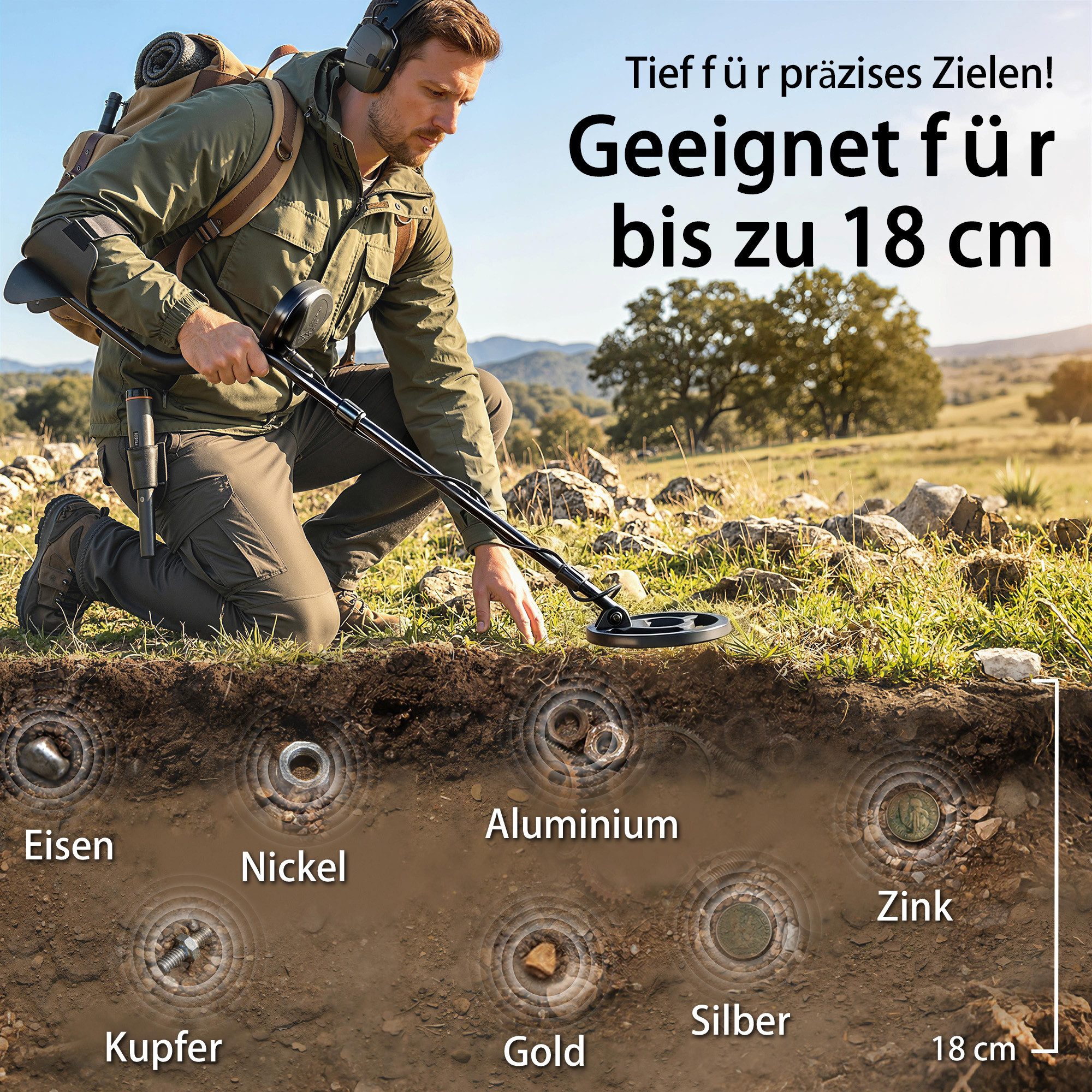 Outsunny Metalldetektor mit 3 Modi, Kopfhörer, Schaufel, LCD-Display, 7 Zoll Detektionstiefe, für Erwachsene Dunkelgrau – Bild 5 von 5