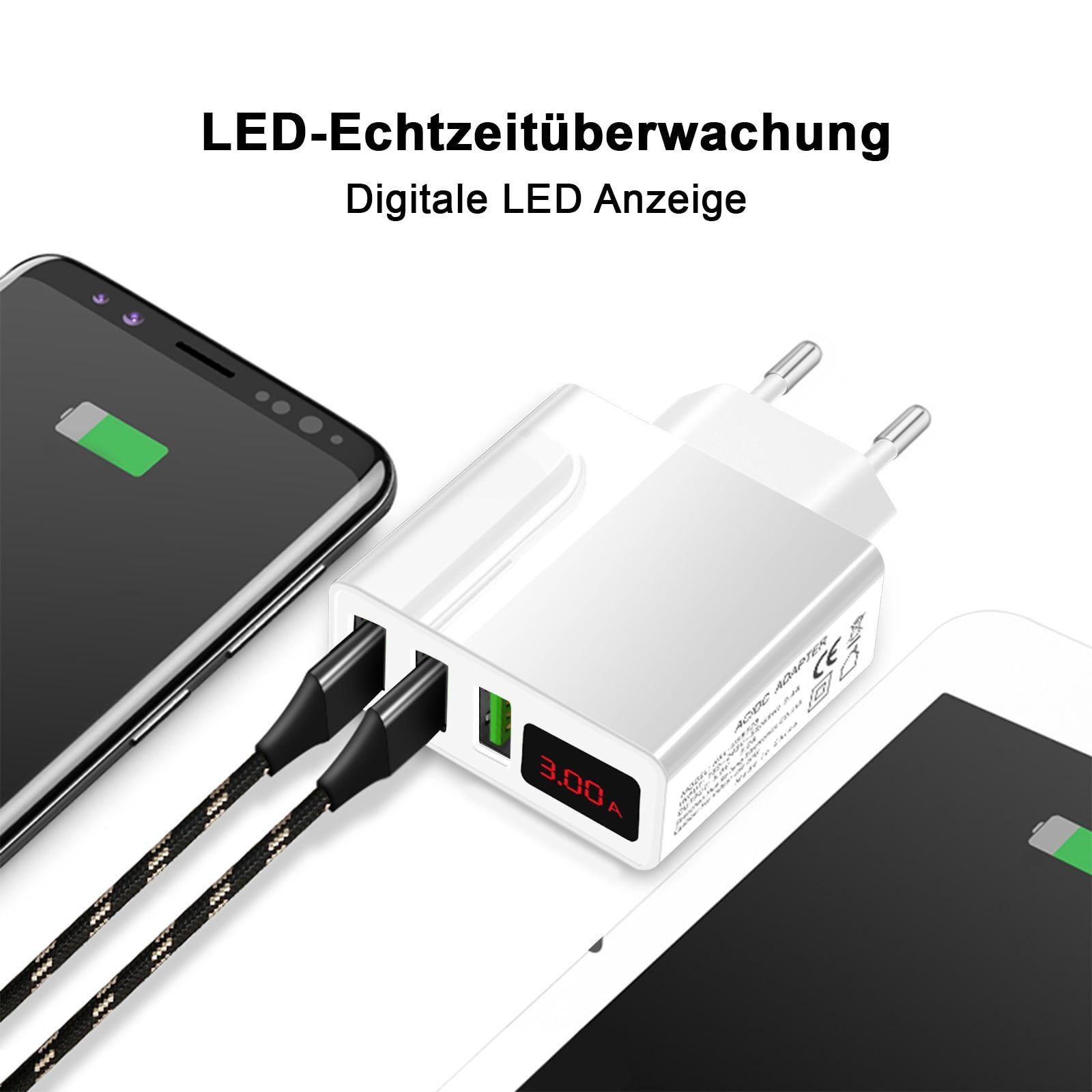 EAXUS 3A USB Netzteil mit Schnellladefunktion und Display USB-Ladegerät (3000,00 mA, 2-tlg., Zeigt Ladegeschwindigkeit an, 3 USB Ports für gleichzeitiges Laden)