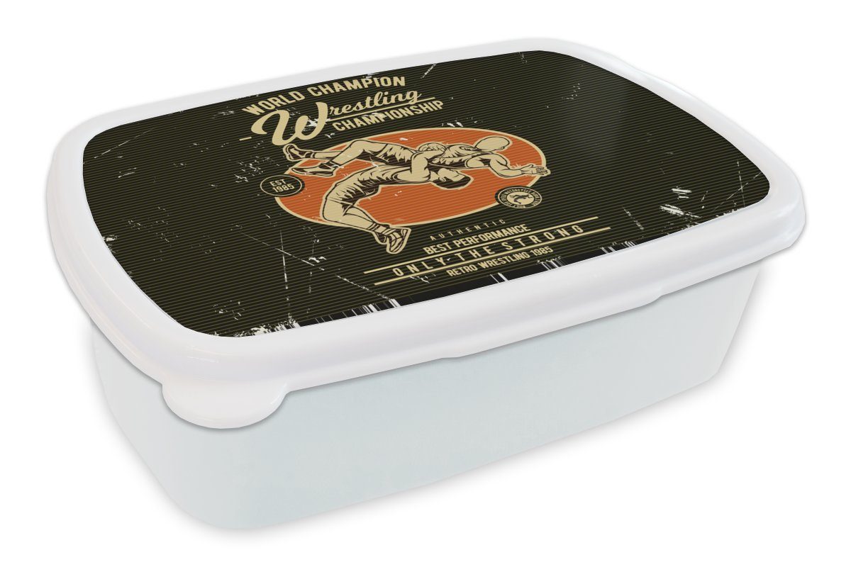 MuchoWow Lunchbox Jahrgang - Ringen - Sport, Kunststoff, (2-tlg), Brotbox für Kinder und Erwachsene, Brotdose, für Jungs und Mädchen weiß
