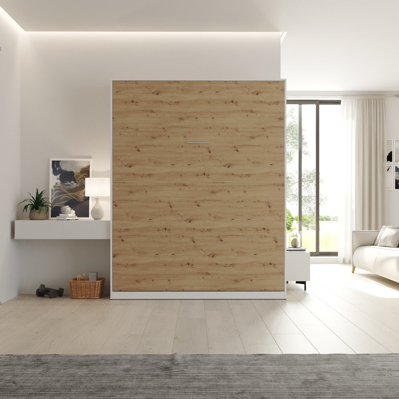 SMARTBett Schrankbett Classico 160x200 cm Vertikal Weiß/ Wildeiche Wandbett, Wandklappbett Gasdruckfedern