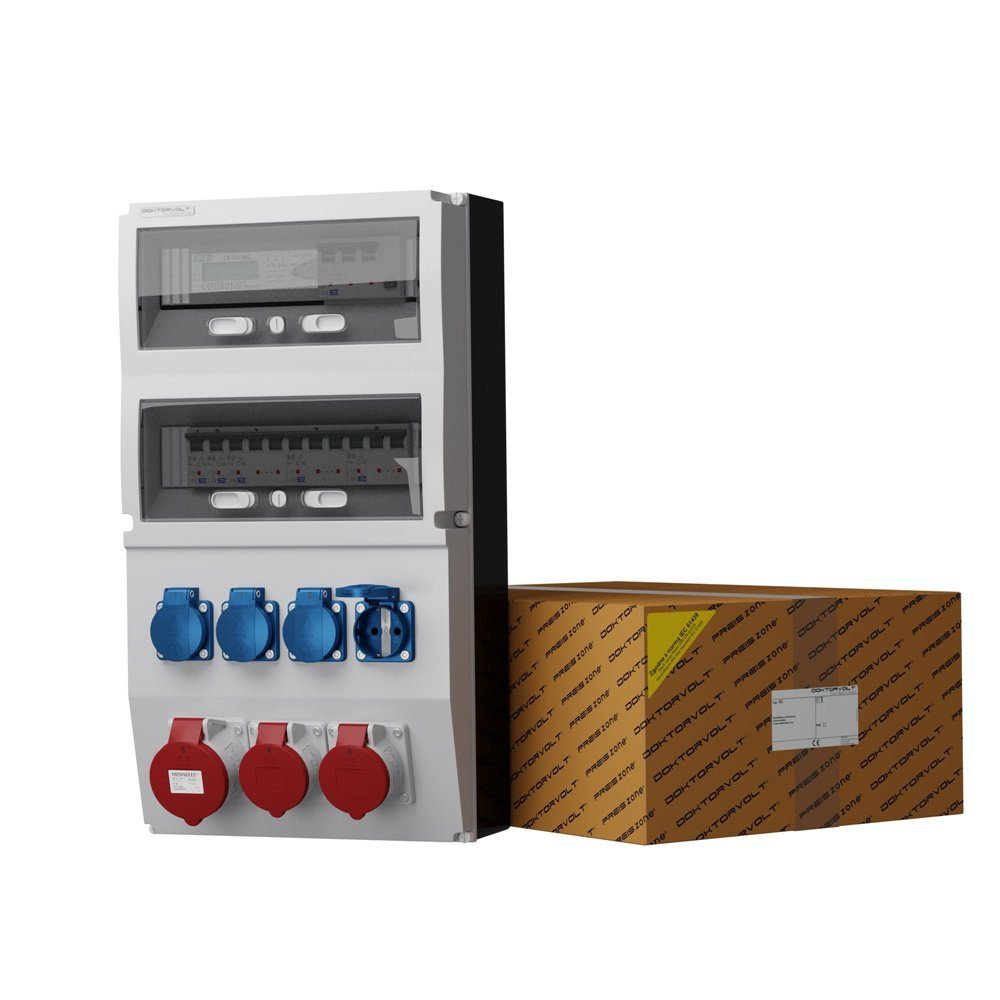 Doktorvolt Stromverteiler eXT-S/FI 32A 2x16A 4x230V Stromzähler Wandverteiler Steckdosenverteiler 7-fach (1x LSS C32A 10kA 3P, 2x LSS C16A 10kA 3P, 2 x LSS C16 1P 10kA, Fi-Schalter SEZ 63A 30mA 4P Typ A), ausgestattet mit Mennekes-Steckdosen