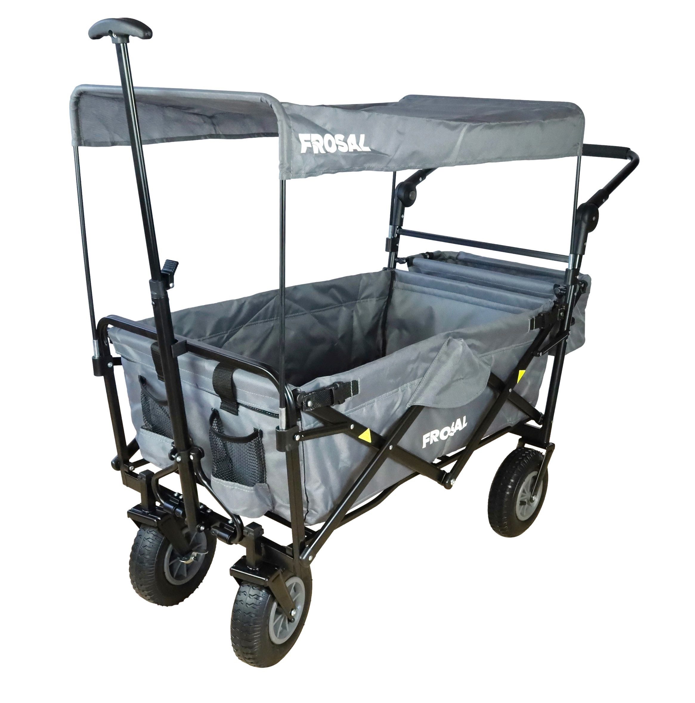Frosal Nick PRO folding wagon with push handle, canopy & brake, grey, grey, foldable