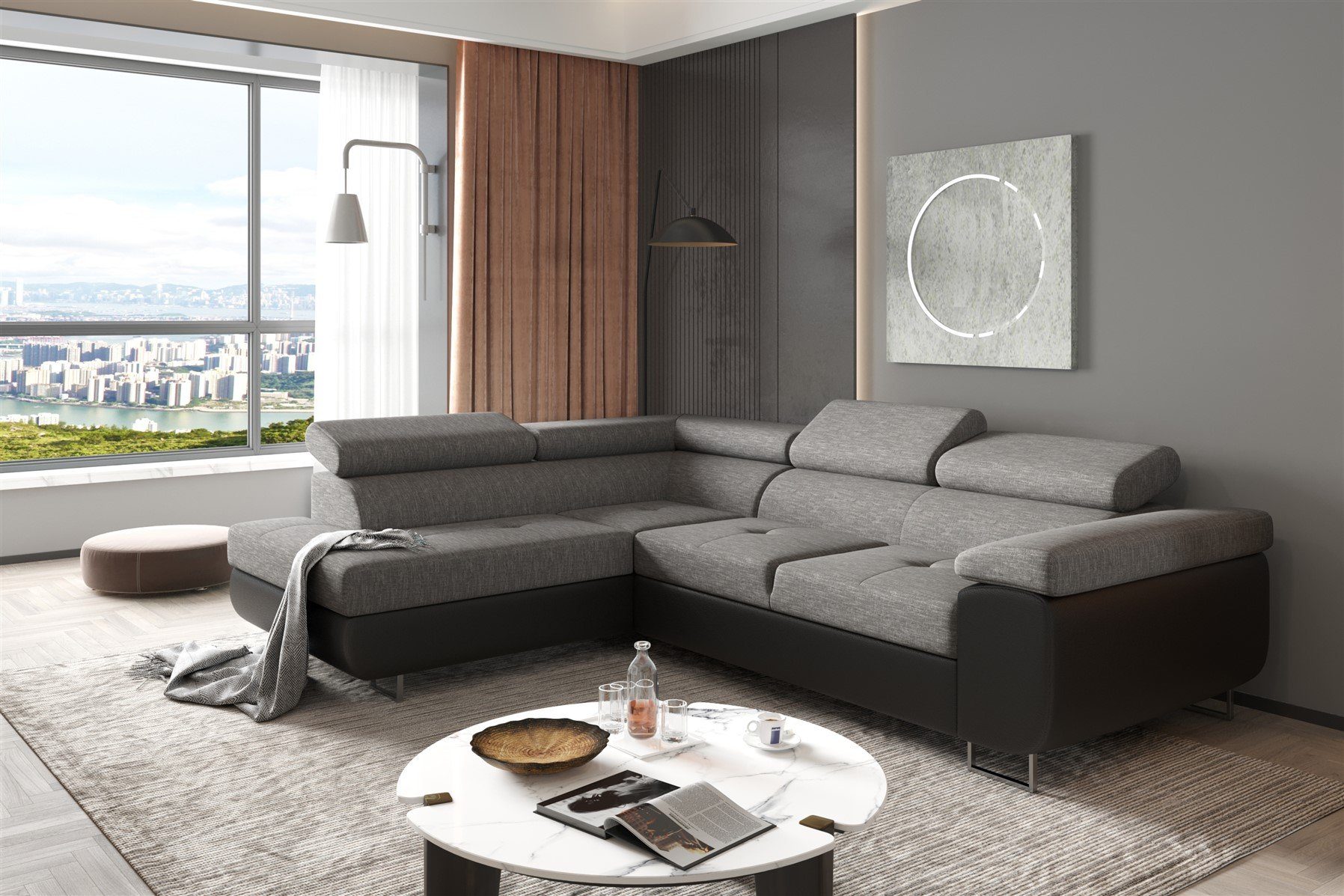 Fun Möbel Ecksofa Couchgarnitur JADE Schwarz-Grau Schlaffunktion Ottomane Rechts Links, 1 Teile, mit Schlaffunktion