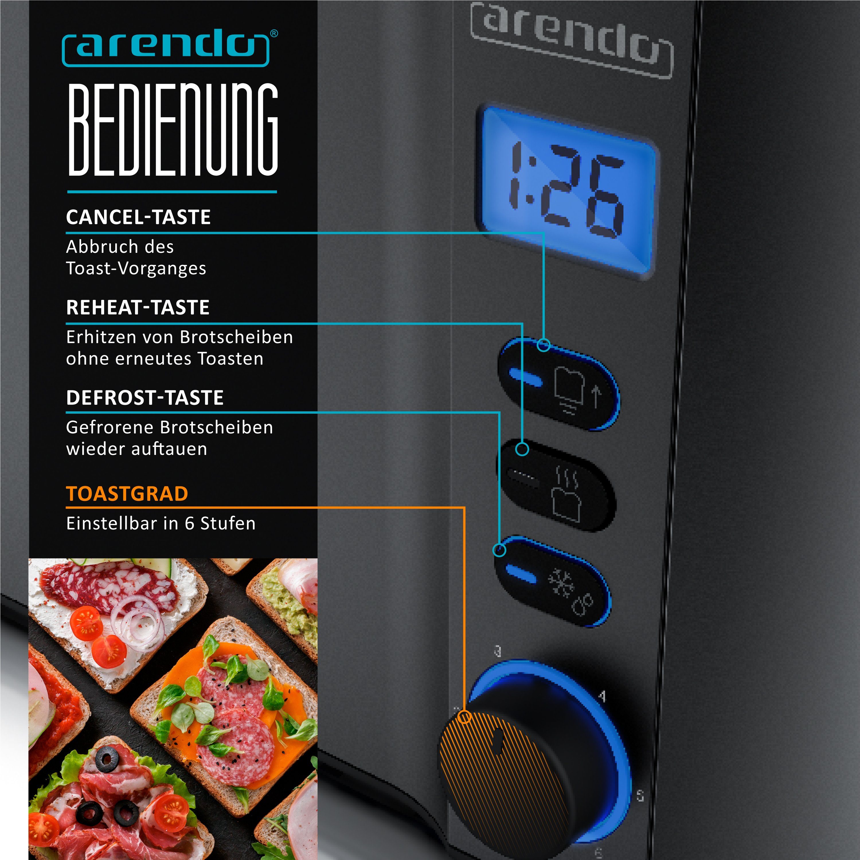 Arendo Toaster Langschlitz, Edelstahl, Display mit Restzeitanzeige, Krümelschublade, 2 lange Schlitze, für 4 Scheiben, 1500 W, Defrost Funktion, Wärmeisolierendes Gehäuse, mit Brötchenaufsatz