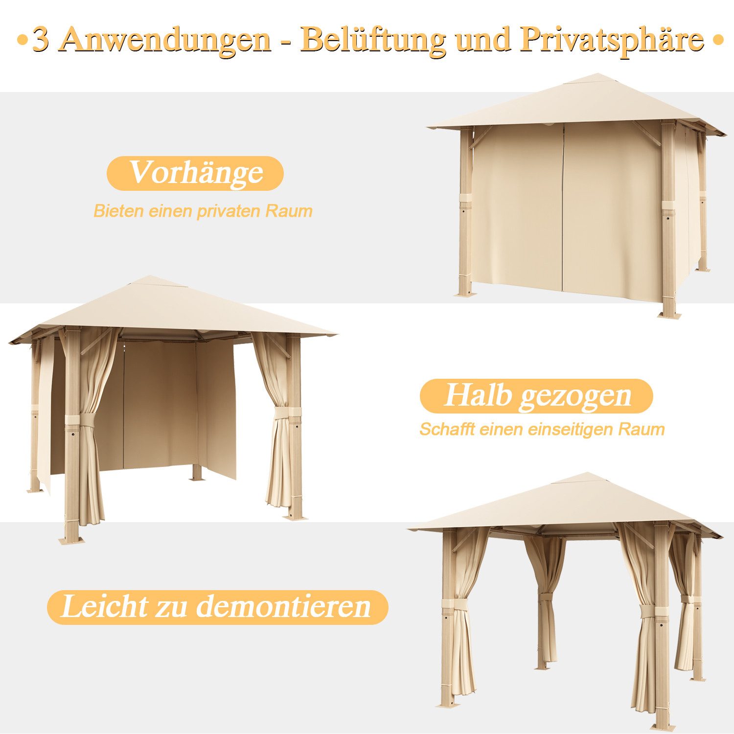 HOMALL Pavillon Winterfest und Wasserdicht 3x3/3x4m Patio für 6-10 Personen, mit 4 Seitenteilen, (160 g + Gegengewicht PU-beschichtetes Polyestergewebe Dicker fester Rahmen), Pavillon mit 90-mm-Aluminium, Dreiecksverstärkung und Doppelträgerdach