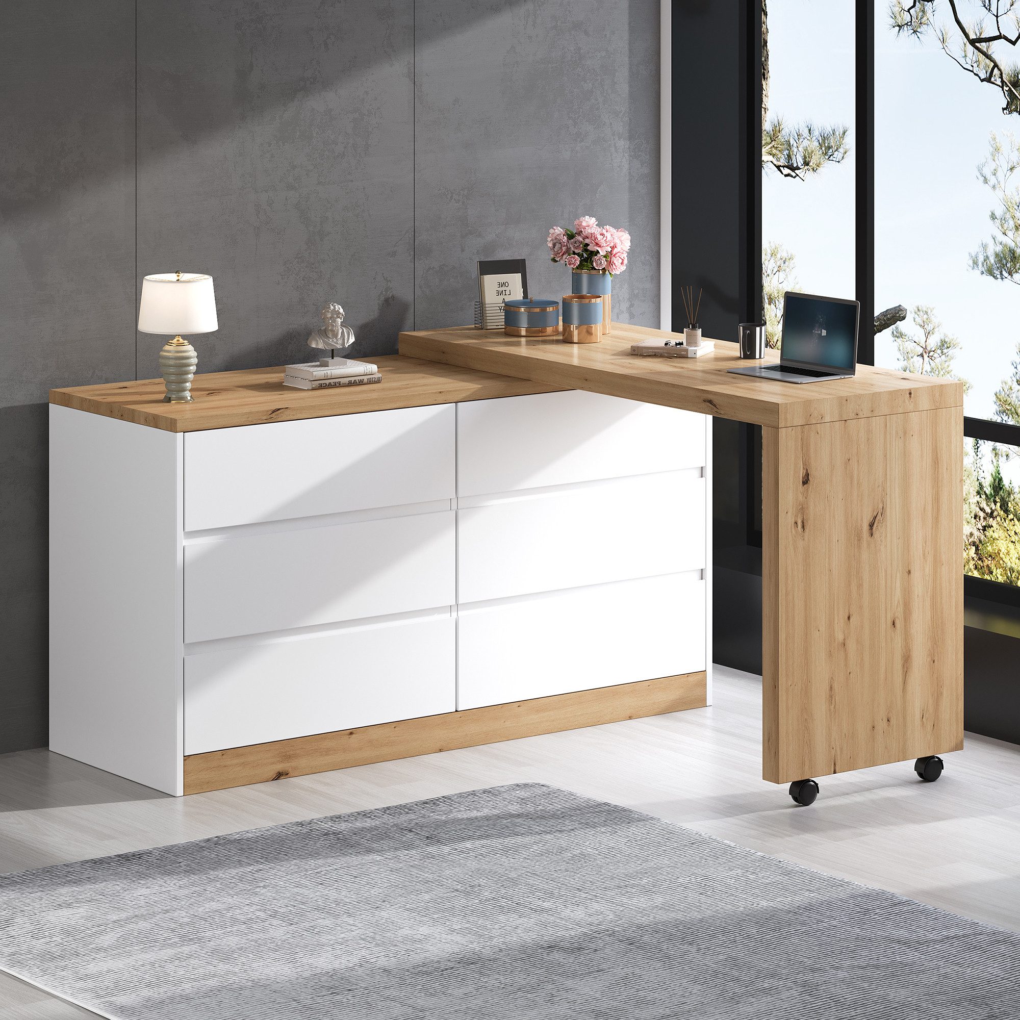 HAUSS SPOLE Schreibtisch mit feststellbaren Rollen,Faltbarer Wohnzimmertisch mit 6 Schubladen (Multifunktionaler Homeoffice-Schreibtisch mit Sideboard-Funktion), Drehbare Tischplatte,Eichenoptik-Oberfläche