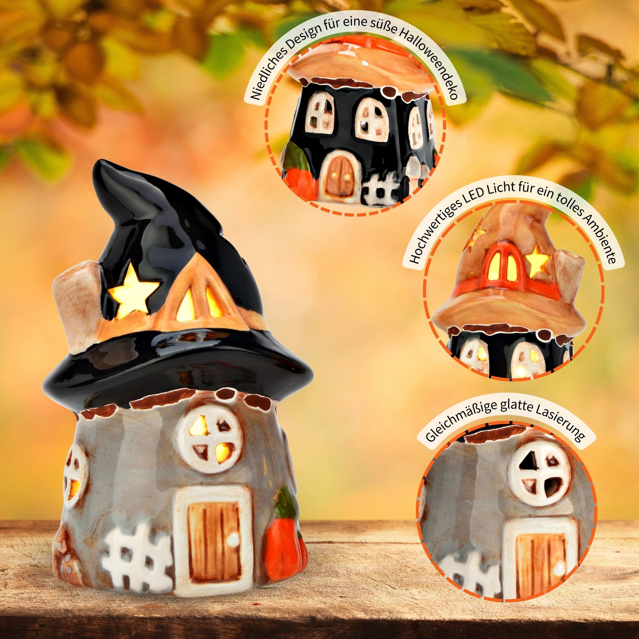 matches21 HOME & HOBBY Dekofigur LED Hexenhäuser Set aus Keramik, Halloween Deko 10 cm (2 St), Warmweißes Licht für stimmungsvolle Deko
