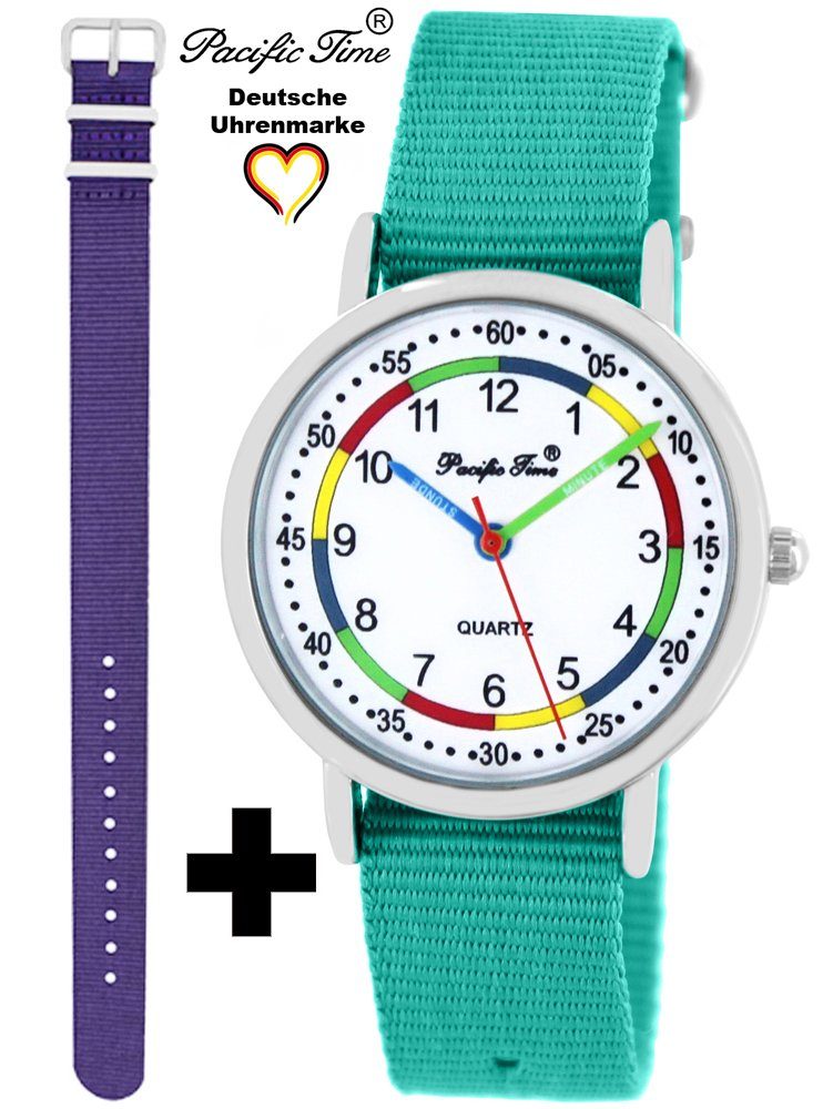 Quarzuhr Lernuhr First violett Set Armbanduhr Match Versand Design und und Pacific Kinder - türkis Wechselarmband, Gratis Mix Time