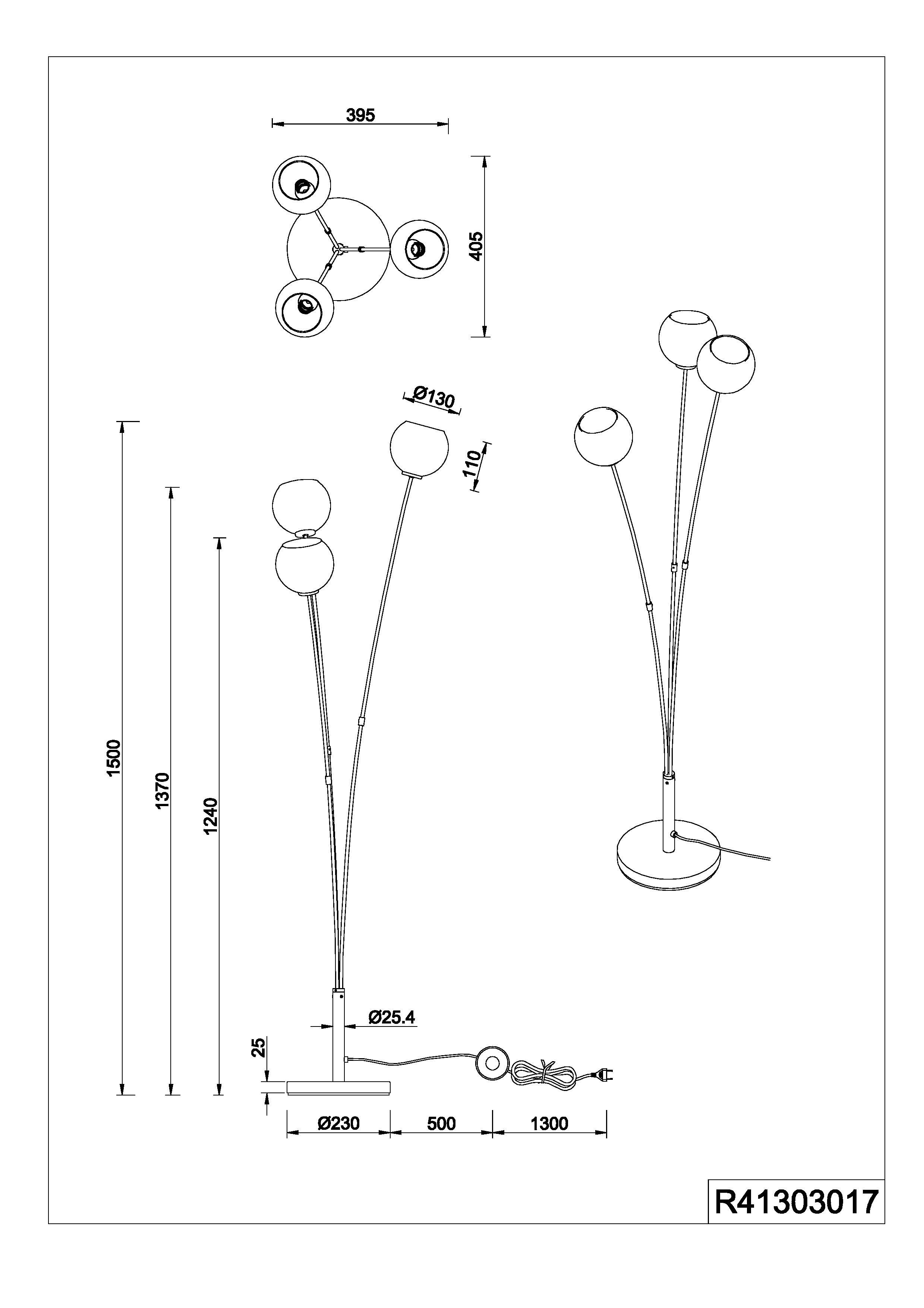 Reality Leuchten Stehlampe SHELDON, Stehleuchte 3-flammig exkl 3x E14 max 10W mit Fußschalter, Ein-/Ausschalter, Leuchtmittel wechselbar, warmweiß - kaltweiß, dreiarmige Standleuchte mit bunten Glasschirmen Stehleuchte Wohnzimmer