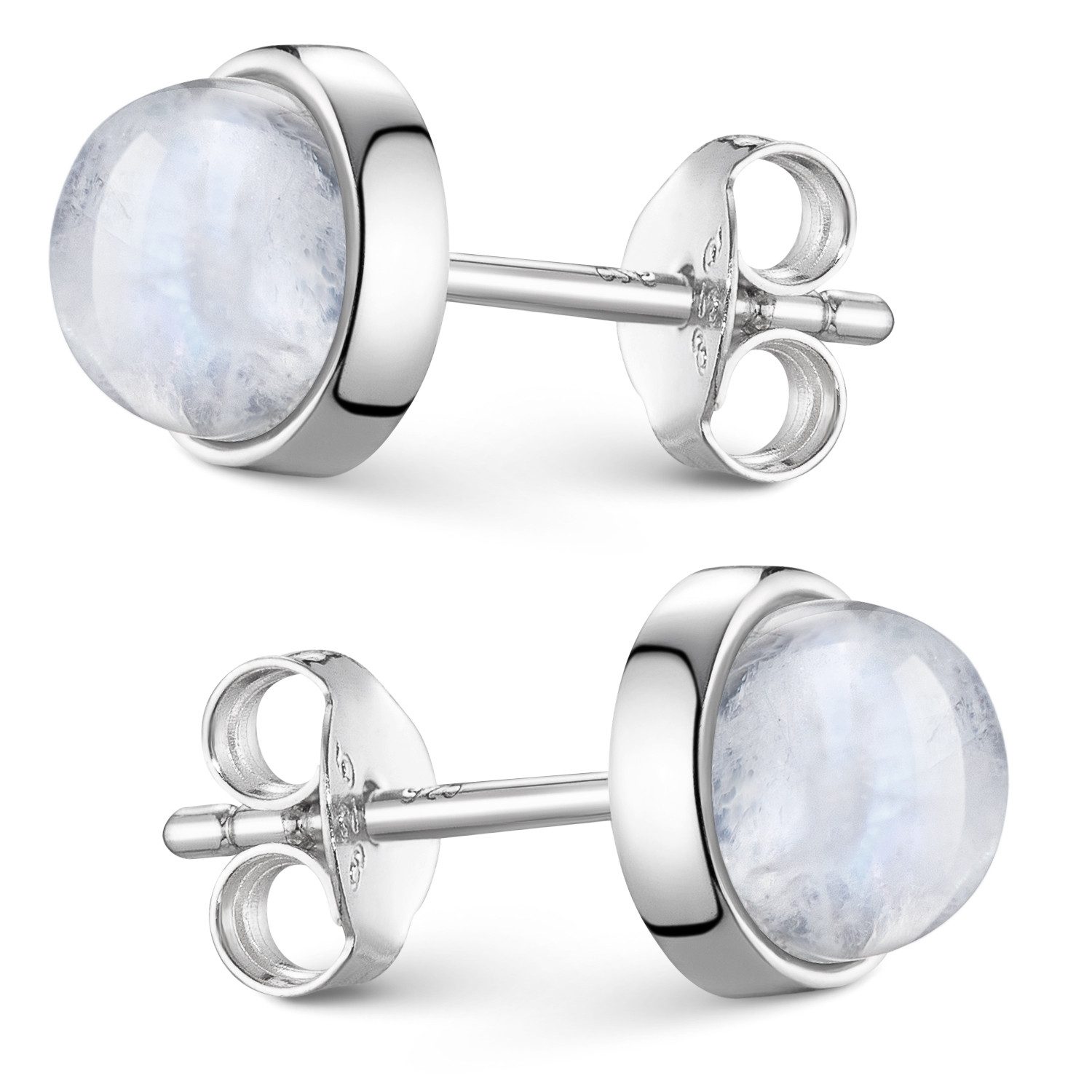 Materia Paar Ohrstecker Damen Mondstein rund Ø7mm SO-86, Fassung aus 925 Sterling Silber