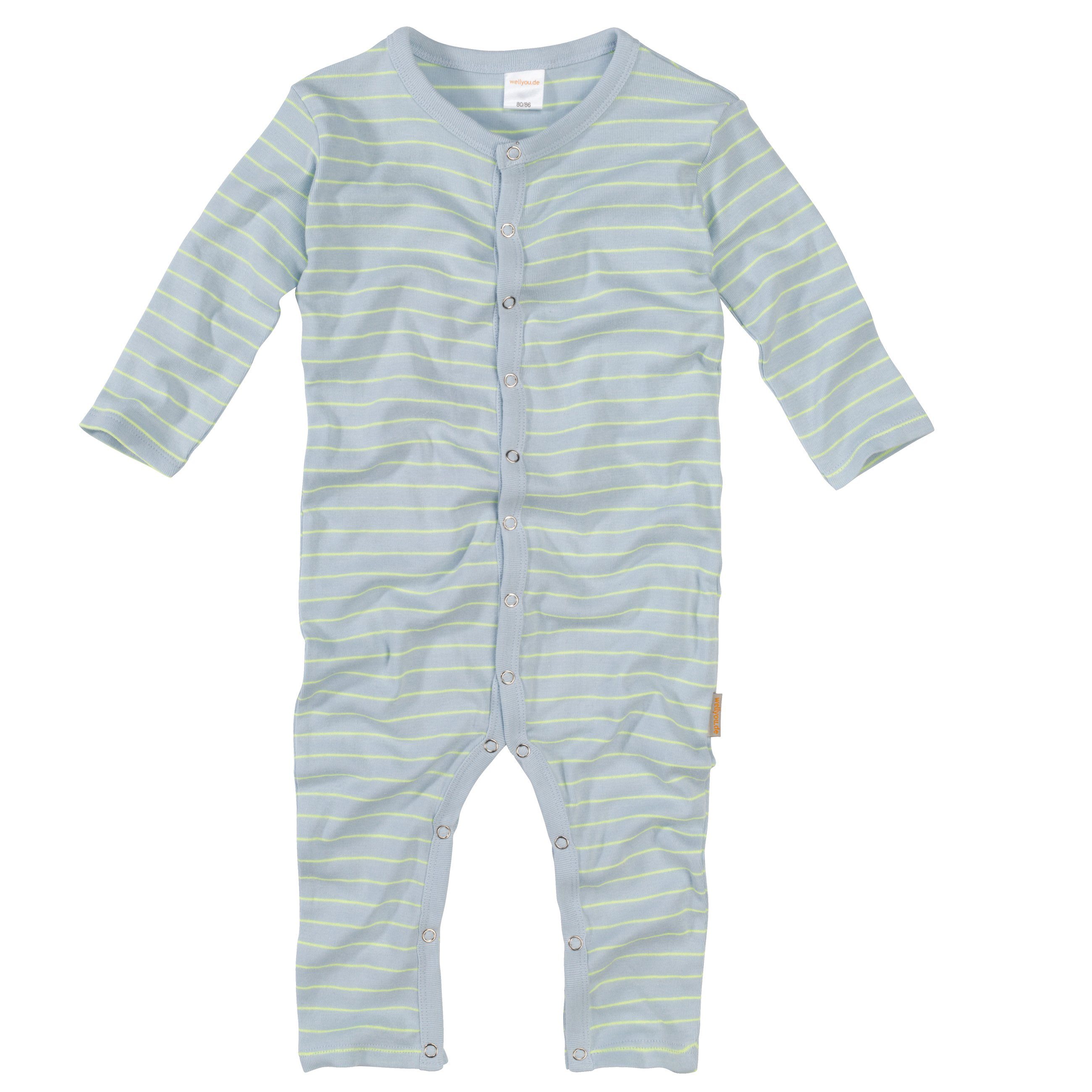 wellyou Schlafanzug »Pyjama für Jungen und Mädchen, Einteiler langarm, Baby  Kinder, hellblau neon-gelb gestreift,