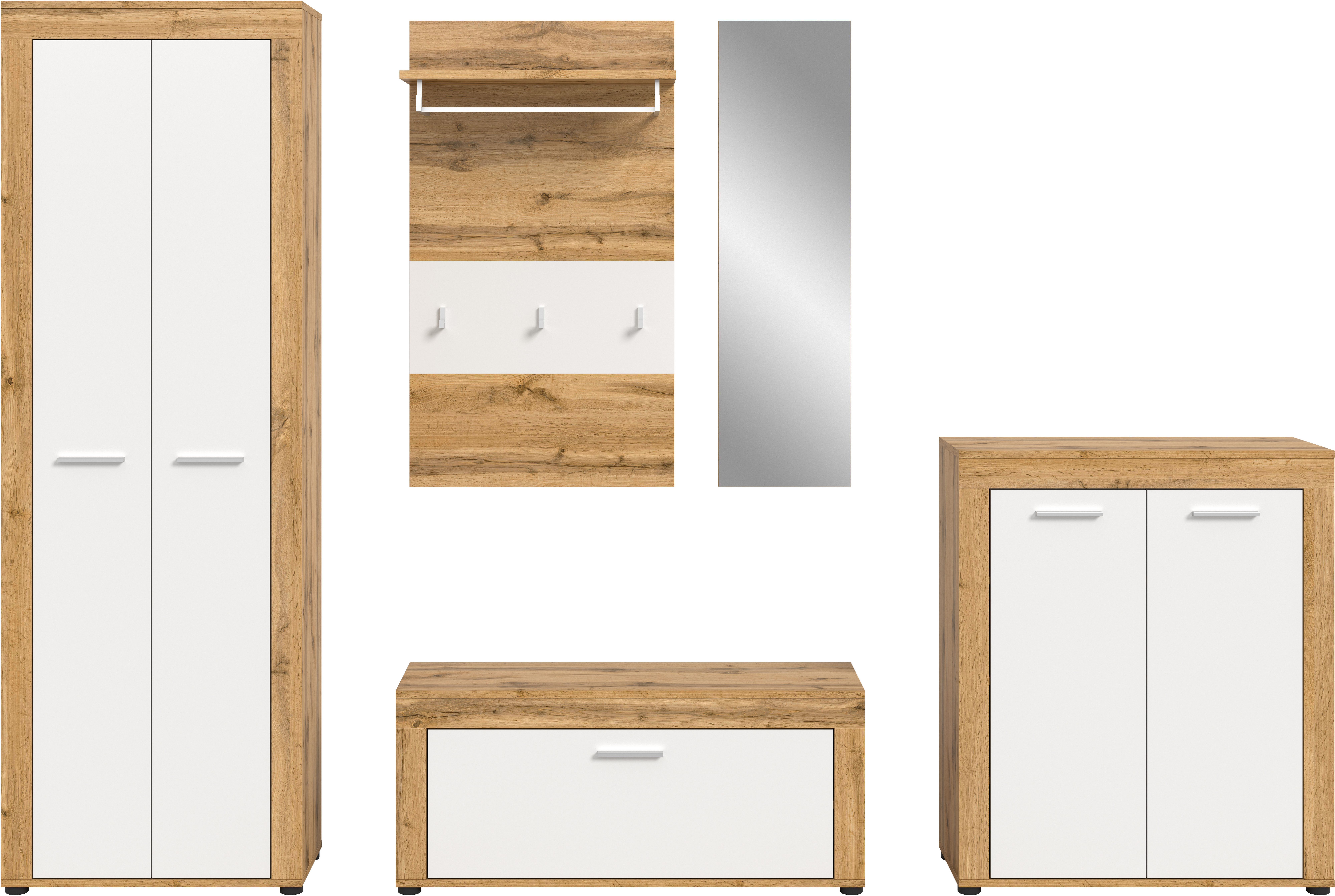 OTTO home Garderoben-Set AOSTA, Breite 285cm, 5-teilige Garderobenkombination, (Set, 5-St., bestehend aus: Garderobenschrank, Sitzbank, Paneel, Spiegel & Kommode), Flurkombination, Kombination, Garderobe, Dielen-Set, Garderobenmöbel