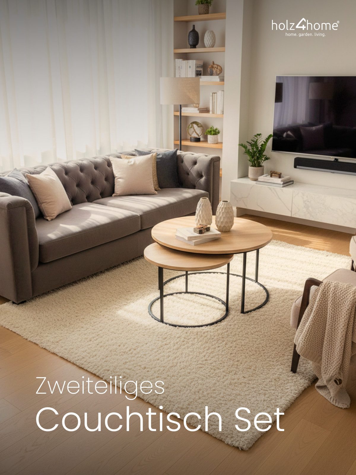 holz4home® Couchtisch Couchtisch 2er-Set MDF Sonoma Eiche I Runder Beistelltisch Industrial, Wohnzimmertisch kombinierbar
